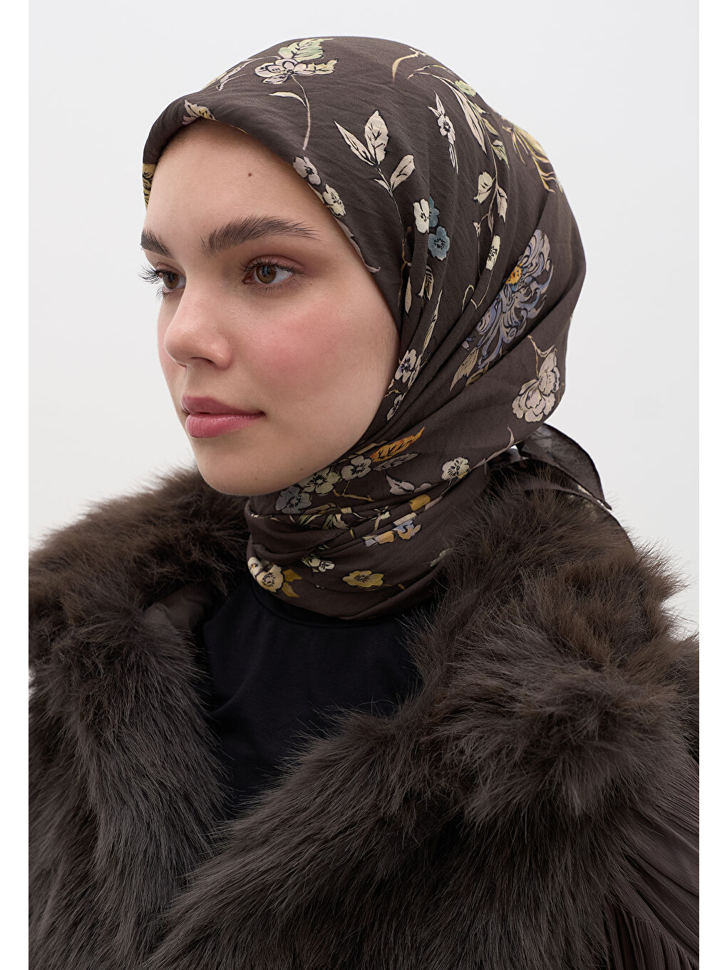 Kahverengi Jenephıe Desen Pamuklu Viskon Eşarp Acı Kahve-3