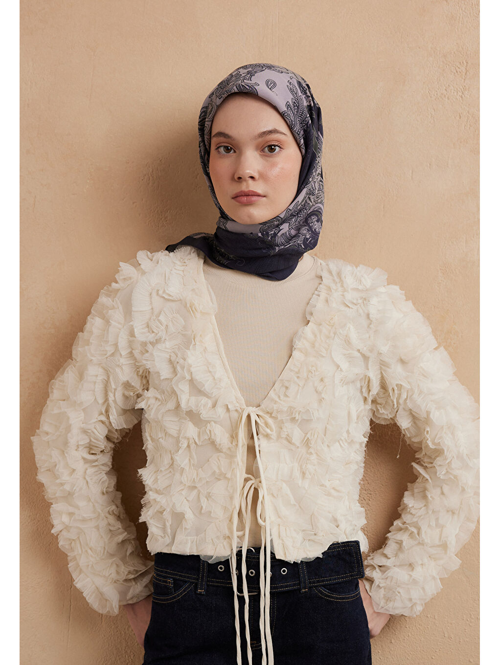 Lila Darıa Desen Pamuk İpek Eşarp Koyu Lavanta-1