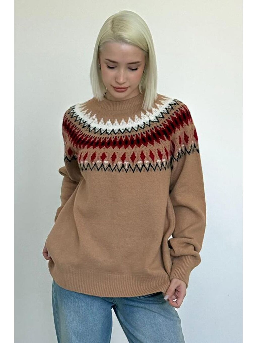 Bej Vizon Bisiklet Yaka Desenli Kadın Triko Kazak Mg2502-3