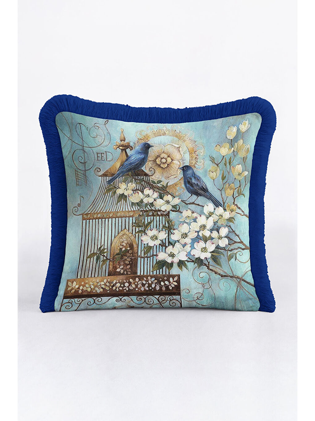 Karışık Zarif Kuşlu Çiçekli Saçaklı Yastık Kılıfı - Vintage Bahar Rustik Mavi Altın Püsküllü Kırlent Kılıfı-4