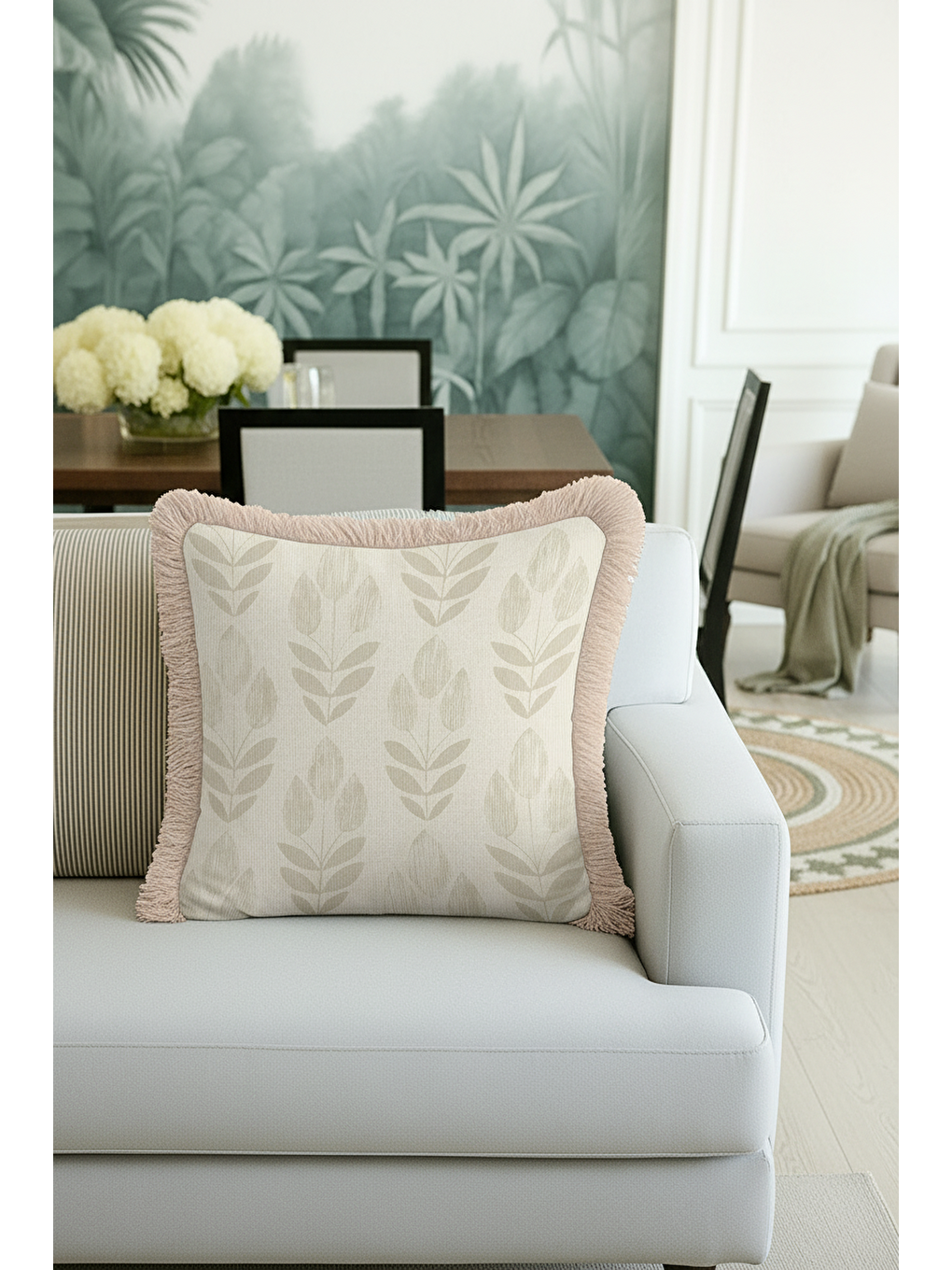 Karışık Zarif Yaprak Motifli Saçaklı Yastık Kılıfı - Naturel İskandinav Bej Püsküllü Kırlent Kılıfı-1