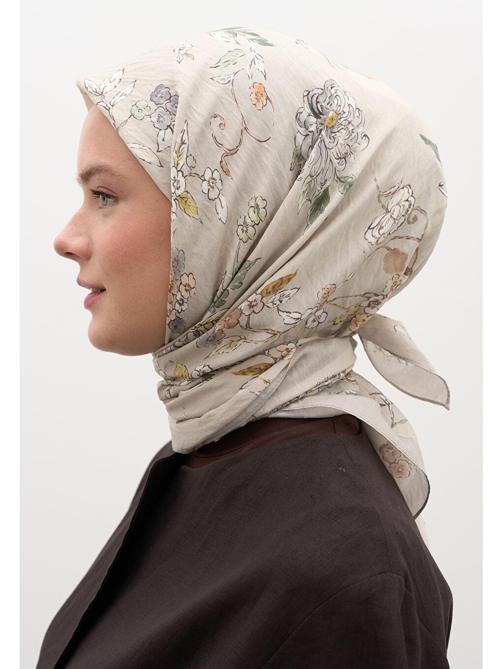 Bej Jenephıe Desen Pamuklu Viskon Eşarp Taş-1