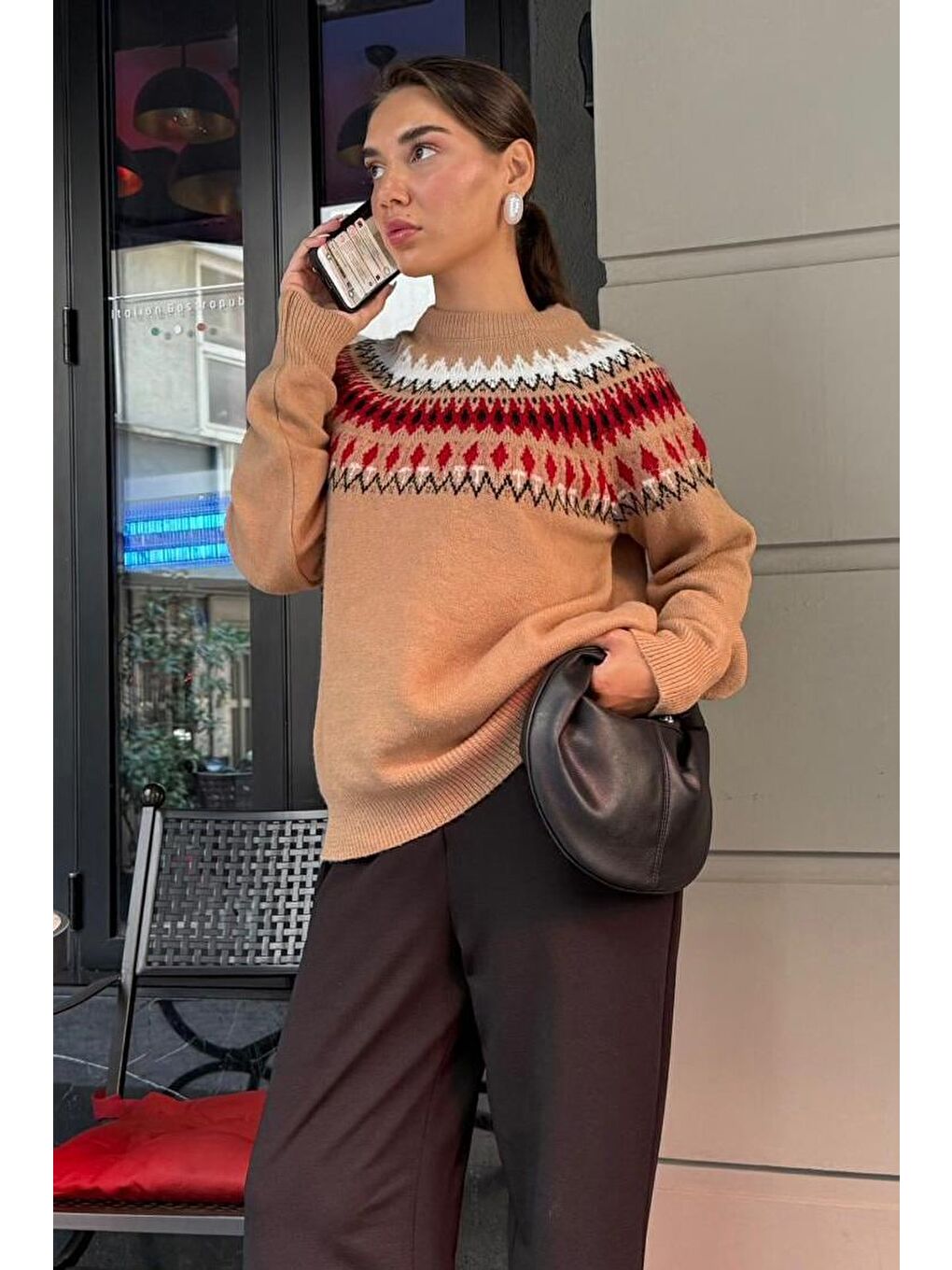 Bej Vizon Bisiklet Yaka Desenli Kadın Triko Kazak Mg2502-4