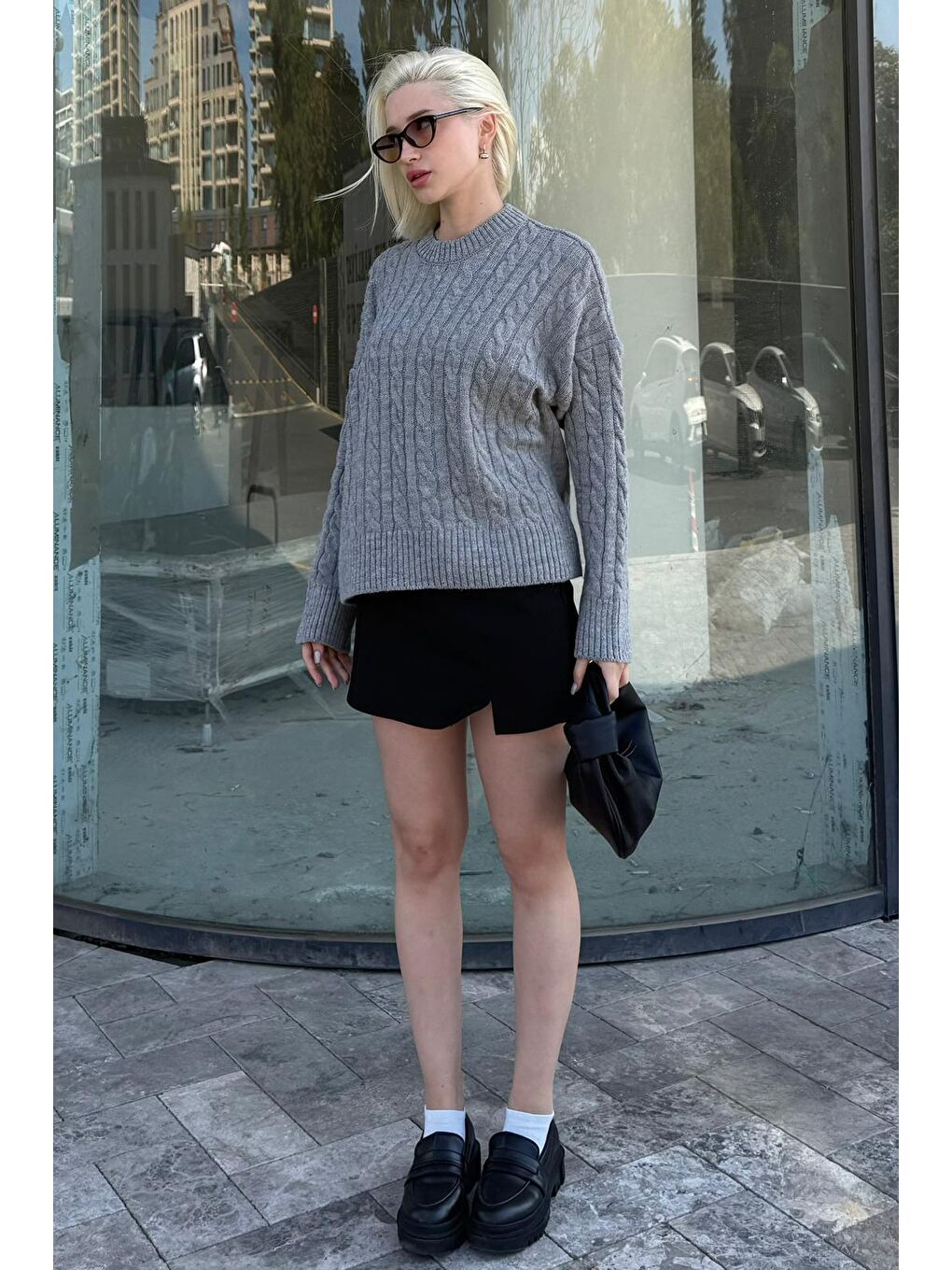 Gri Bisiklet Yaka Örgü Desenli Kadın Triko Kazak Mg2520-9