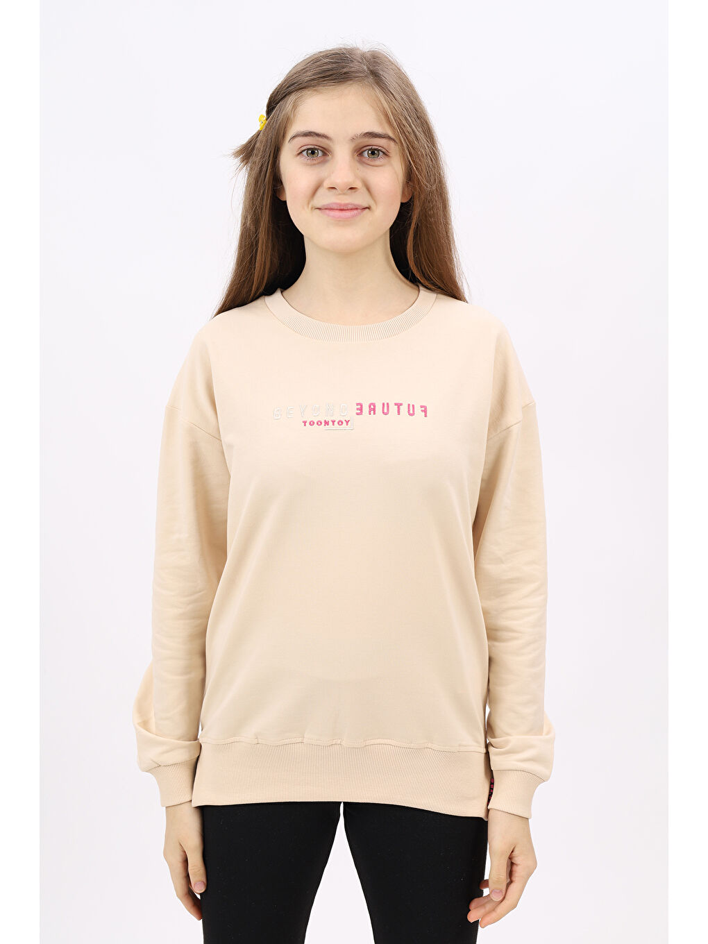 Bej Kız Çocuk Nakışlı Sweatshirt