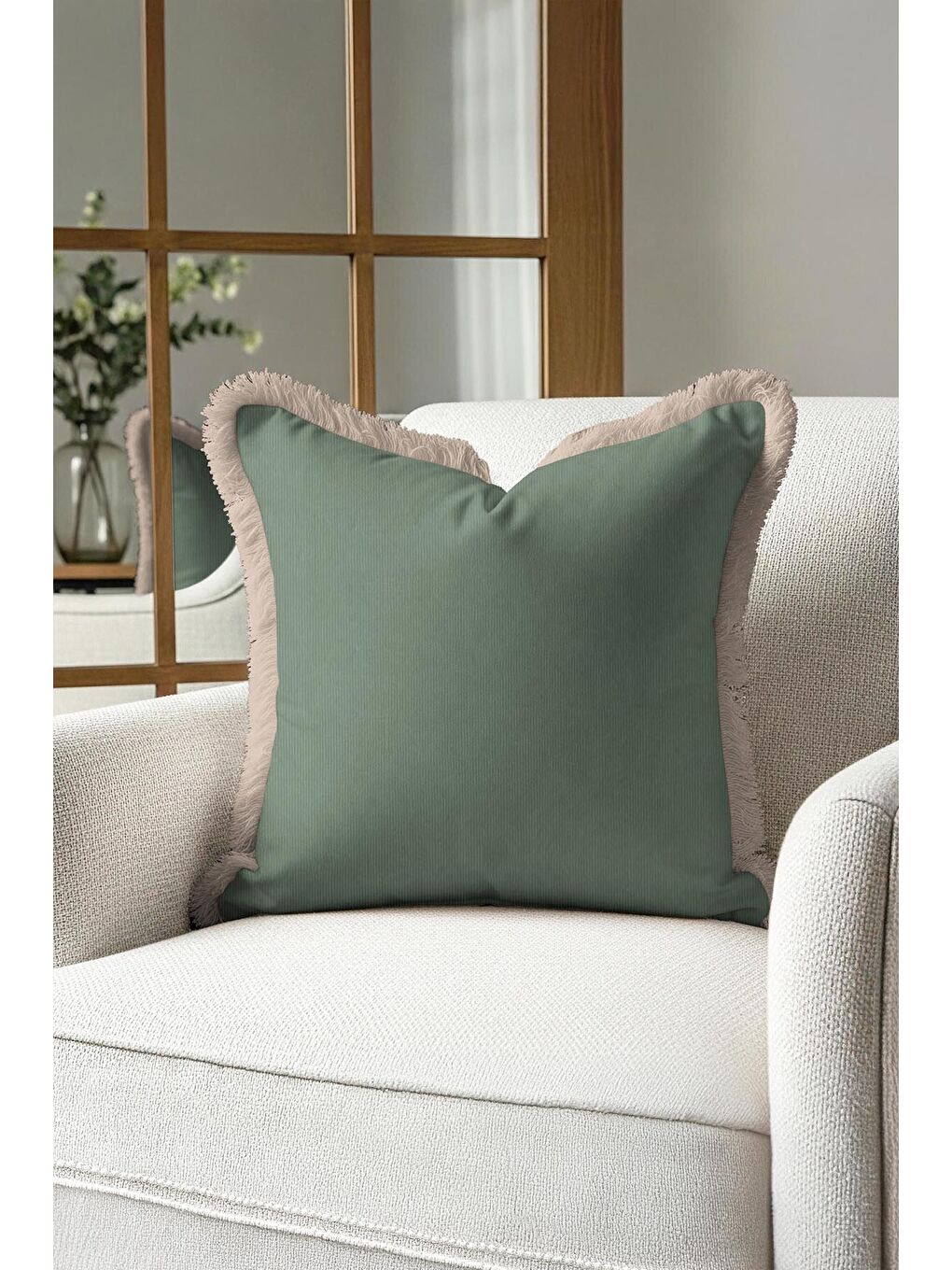 Karışık Zengin Kadife Lüks Saçaklı Yastık Kılıfı - Bohem Doğal Yeşil Bej Püsküllü Kırlent Kılıfı-3