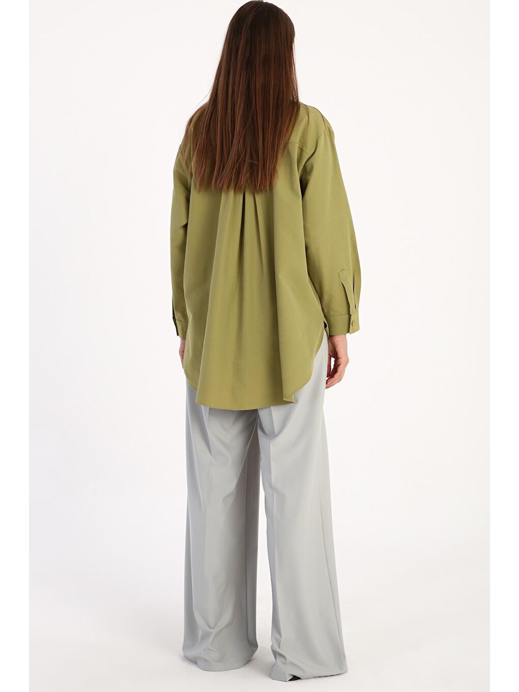 Yağ Yeşili Kumaş Kaplamalı Düğmeli Oversize Gömlek-4