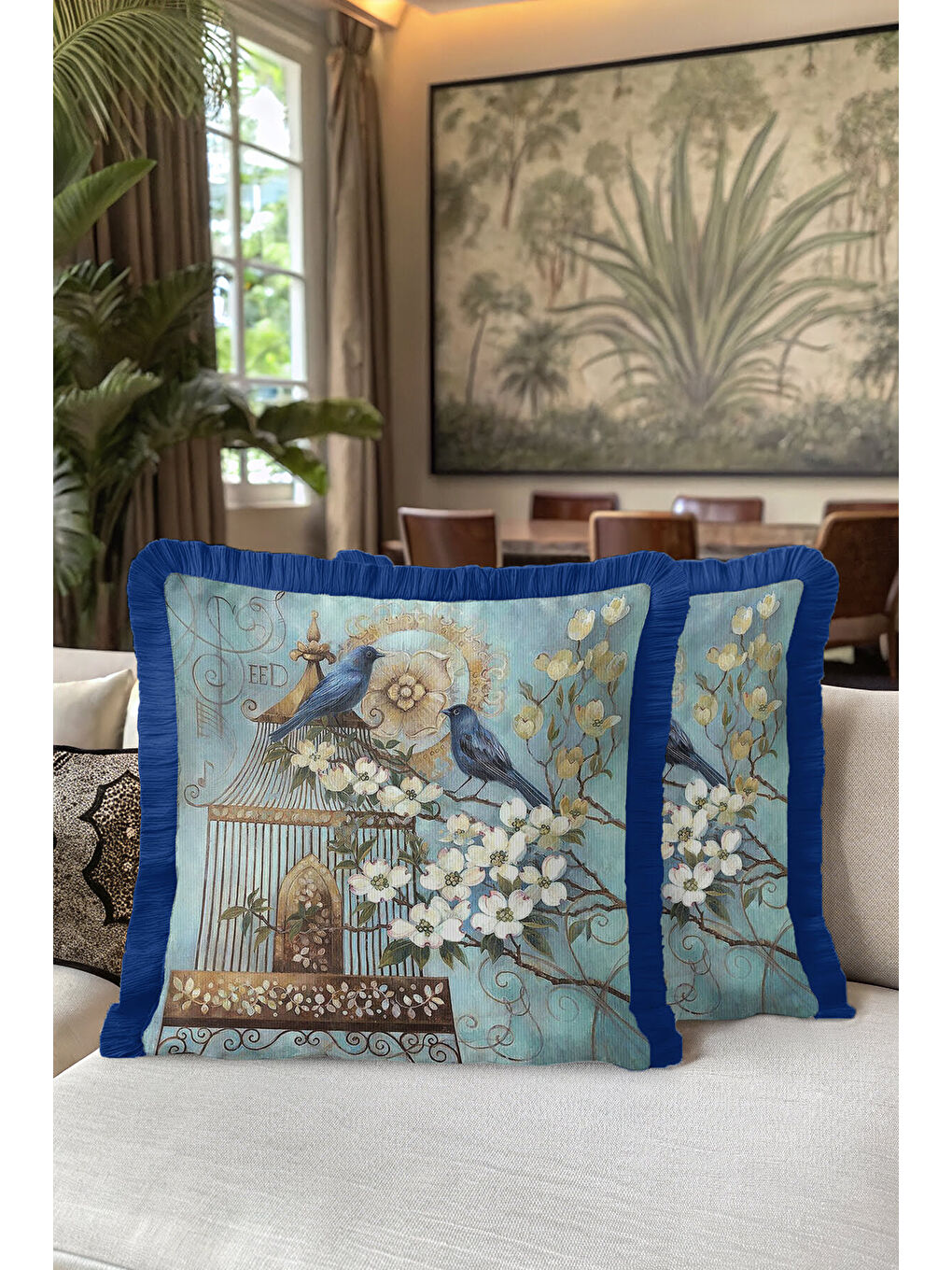 Karışık Zarif Kuşlu Çiçekli Saçaklı Yastık Kılıfı - Vintage Bahar Rustik Mavi Altın Püsküllü Kırlent Kılıfı-5