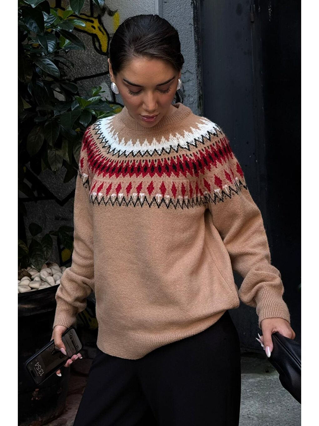 Bej Vizon Bisiklet Yaka Desenli Kadın Triko Kazak Mg2502-5