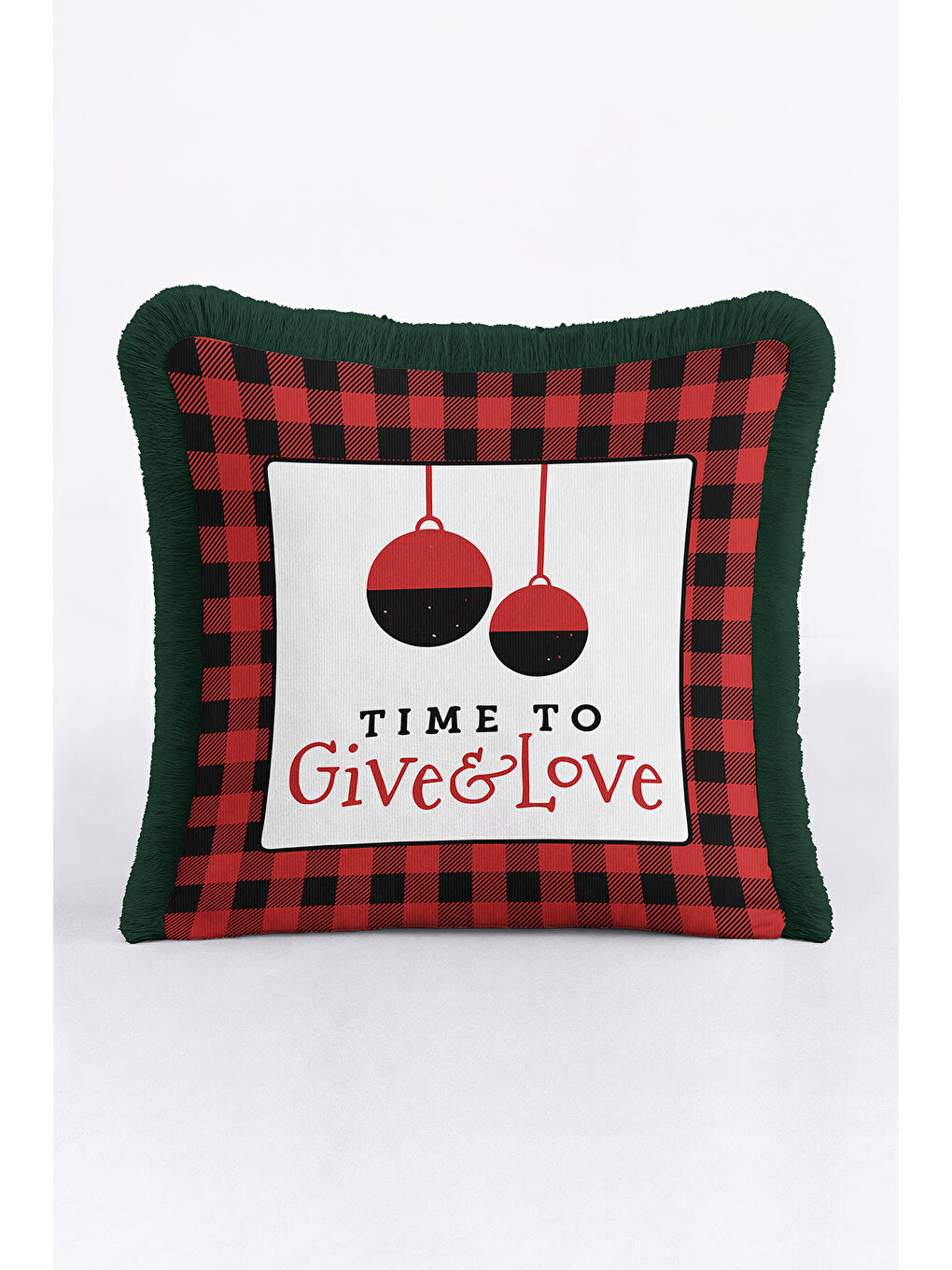 Karışık Lüks Kırmızı Ekose Saçaklı Yastık Kılıfı - Rustik Yeni Yıl Temalı Yeşil Püsküllü Kırlent Kılıfı
