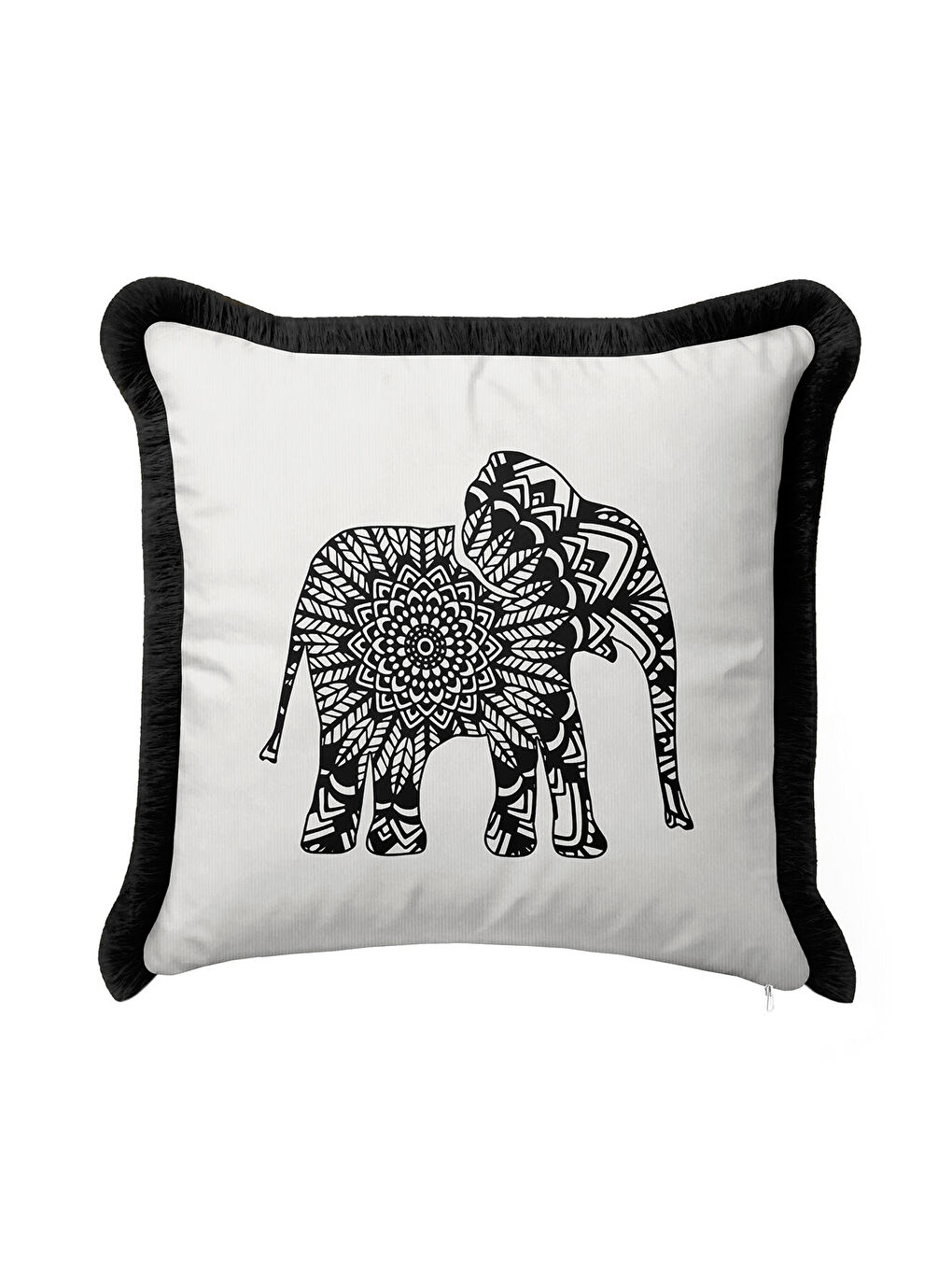 Karışık Mandala Fil Motifli Saçaklı Yastık Kılıfı - Bohem Siyah Beyaz Püsküllü Kırlent Kılıfı-1