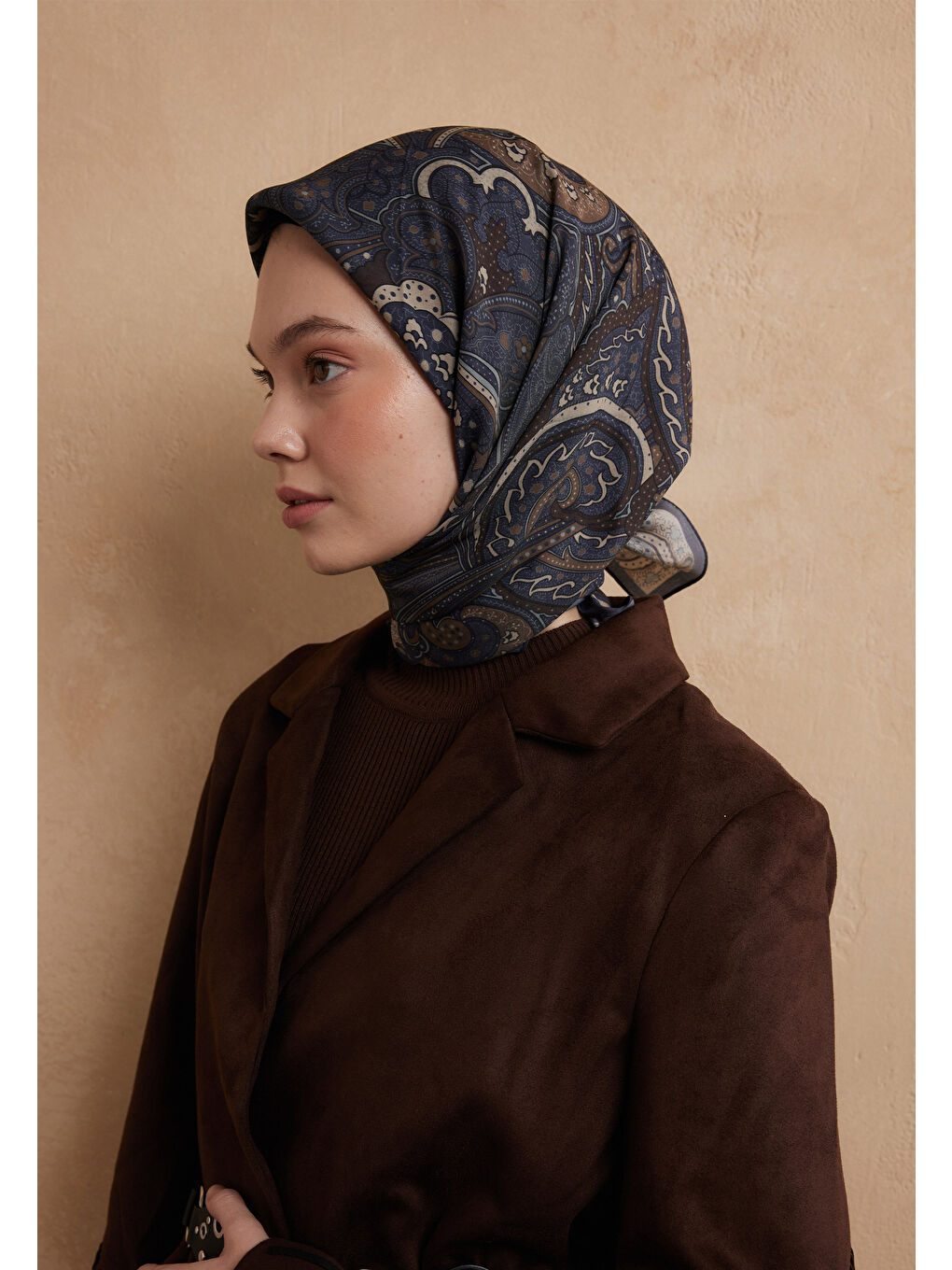 Sıara Desen Pamuk İpek Eşarp İndigo-3