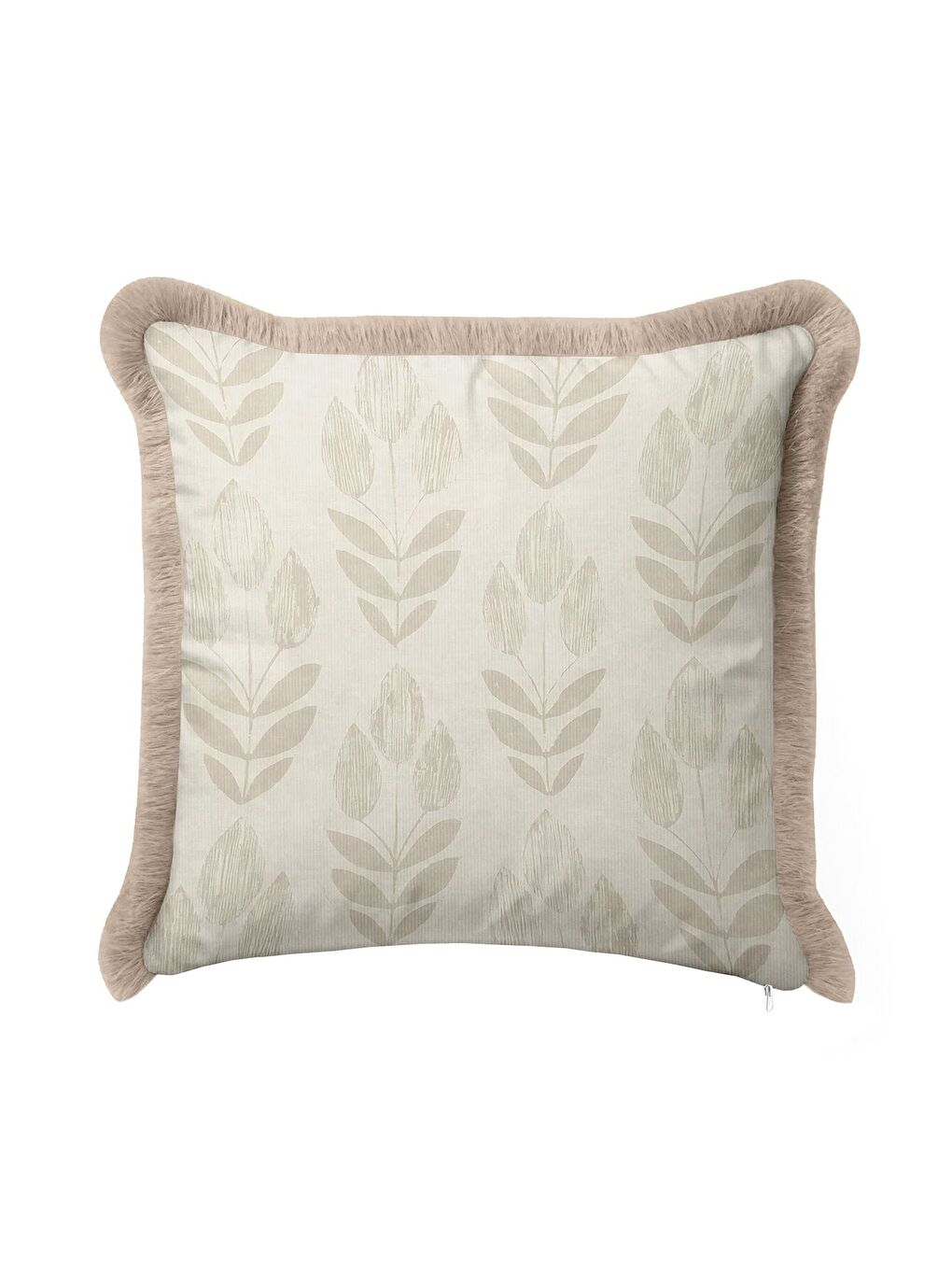 Karışık Zarif Yaprak Motifli Saçaklı Yastık Kılıfı - Naturel İskandinav Bej Püsküllü Kırlent Kılıfı-2