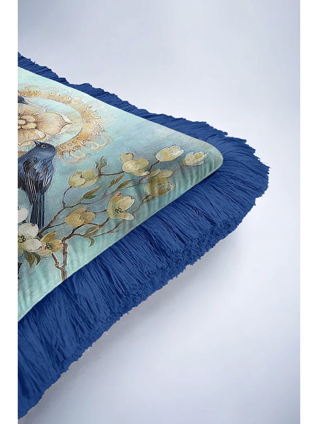 Karışık Zarif Kuşlu Çiçekli Saçaklı Yastık Kılıfı - Vintage Bahar Rustik Mavi Altın Püsküllü Kırlent Kılıfı-6