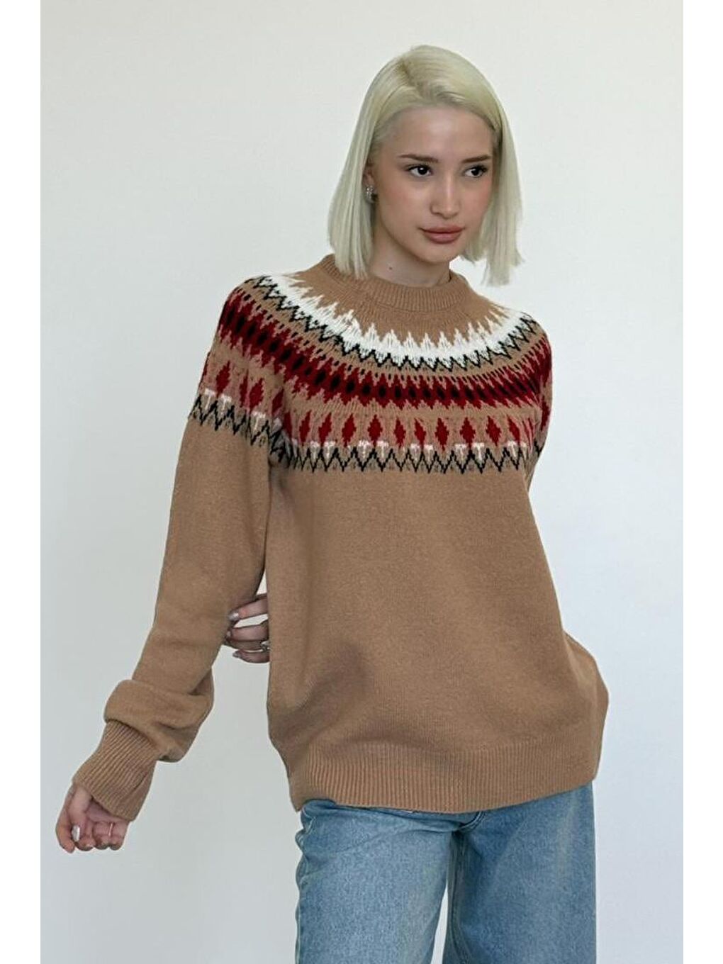 Bej Vizon Bisiklet Yaka Desenli Kadın Triko Kazak Mg2502-6
