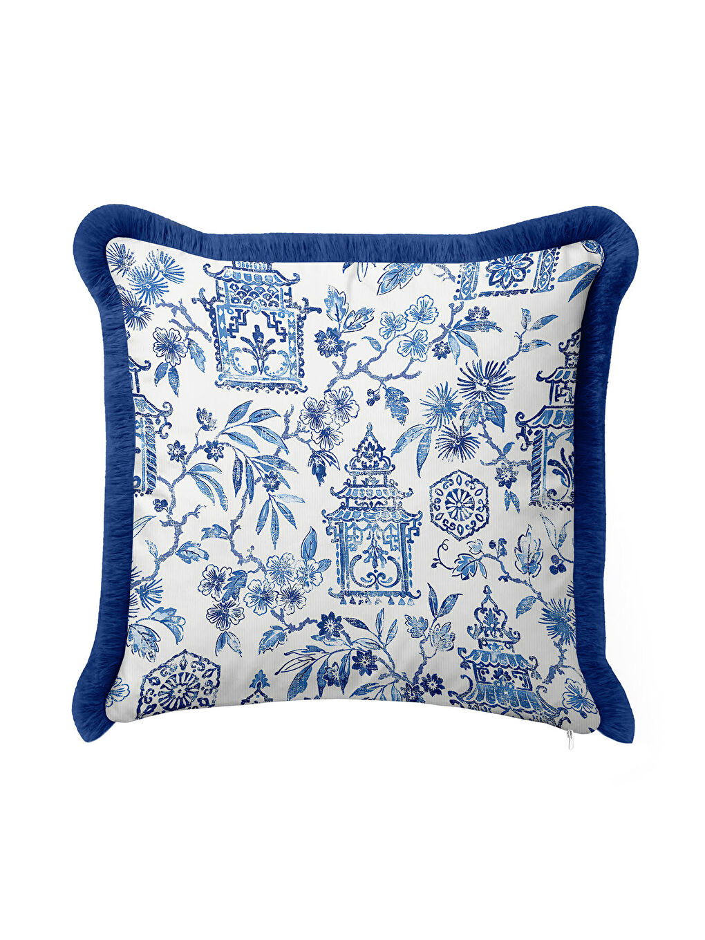 Karışık Zarif Motifli Saçaklı Yastık Kılıfı - Chinoiserie Bahar Mavisi Vintage Püsküllü Kırlent Kılıfı-2