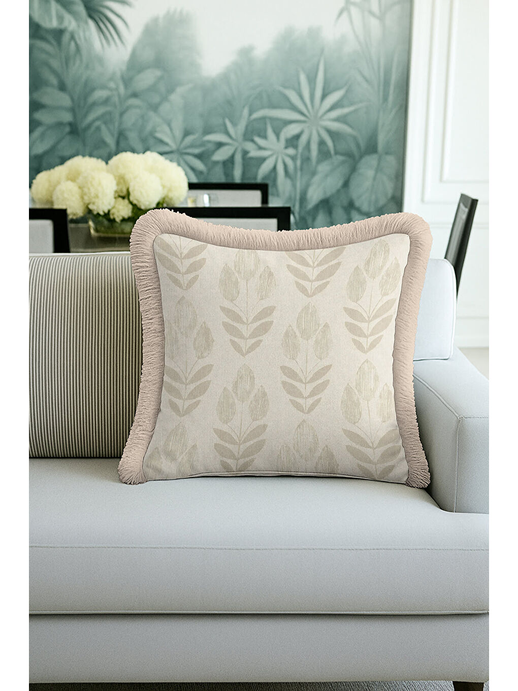 Karışık Zarif Yaprak Motifli Saçaklı Yastık Kılıfı - Naturel İskandinav Bej Püsküllü Kırlent Kılıfı-3