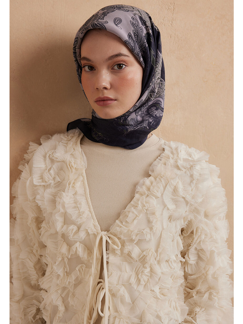 Lila Darıa Desen Pamuk İpek Eşarp Koyu Lavanta-2