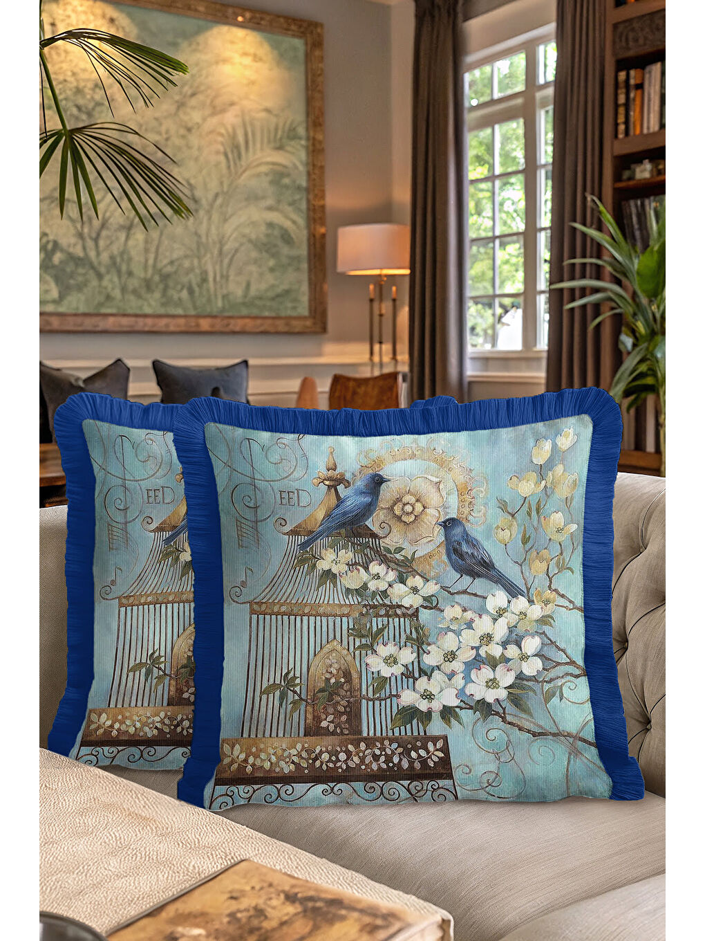Karışık Zarif Kuşlu Çiçekli Saçaklı Yastık Kılıfı - Vintage Bahar Rustik Mavi Altın Püsküllü Kırlent Kılıfı-7