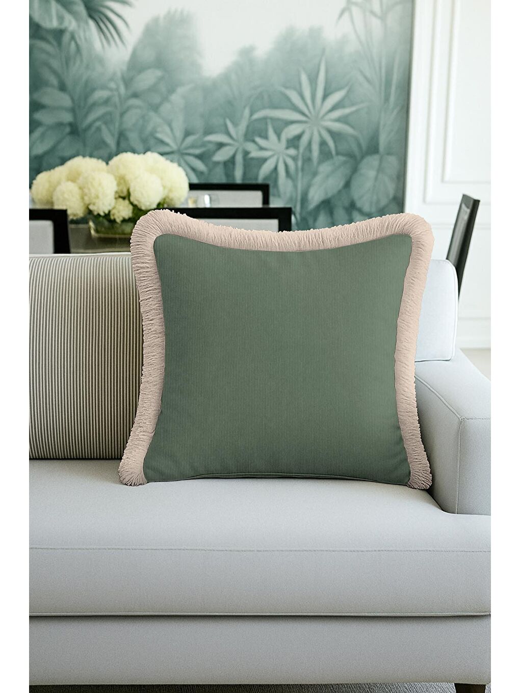 Karışık Zengin Kadife Lüks Saçaklı Yastık Kılıfı - Bohem Doğal Yeşil Bej Püsküllü Kırlent Kılıfı-4