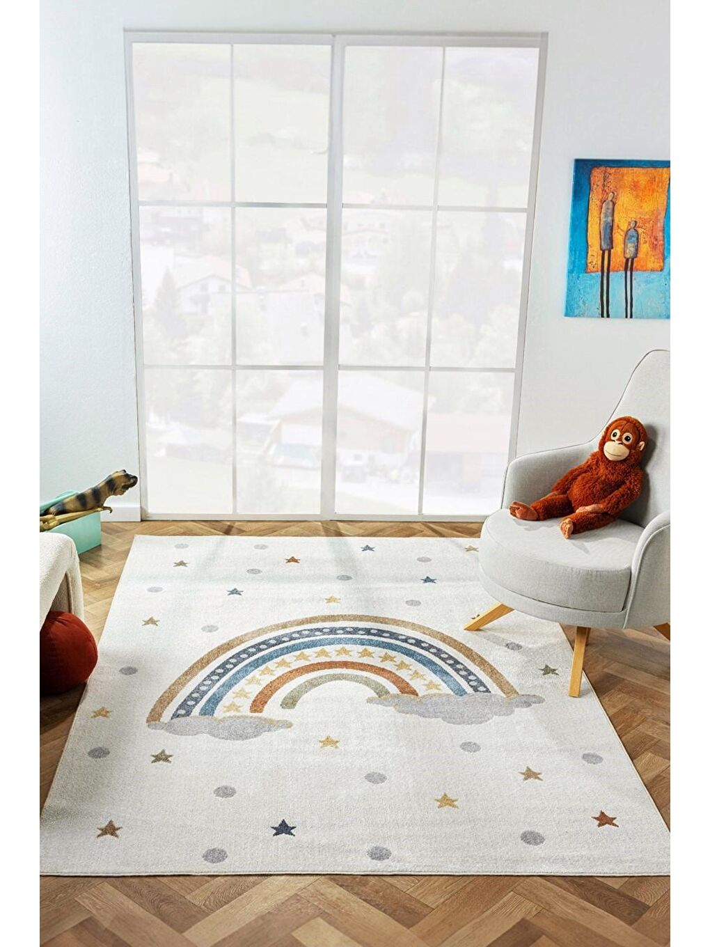 Konfor Halı Beyaz Bohem Kids Rainbow Modern Dokuma Çocuk Halısı-140x200