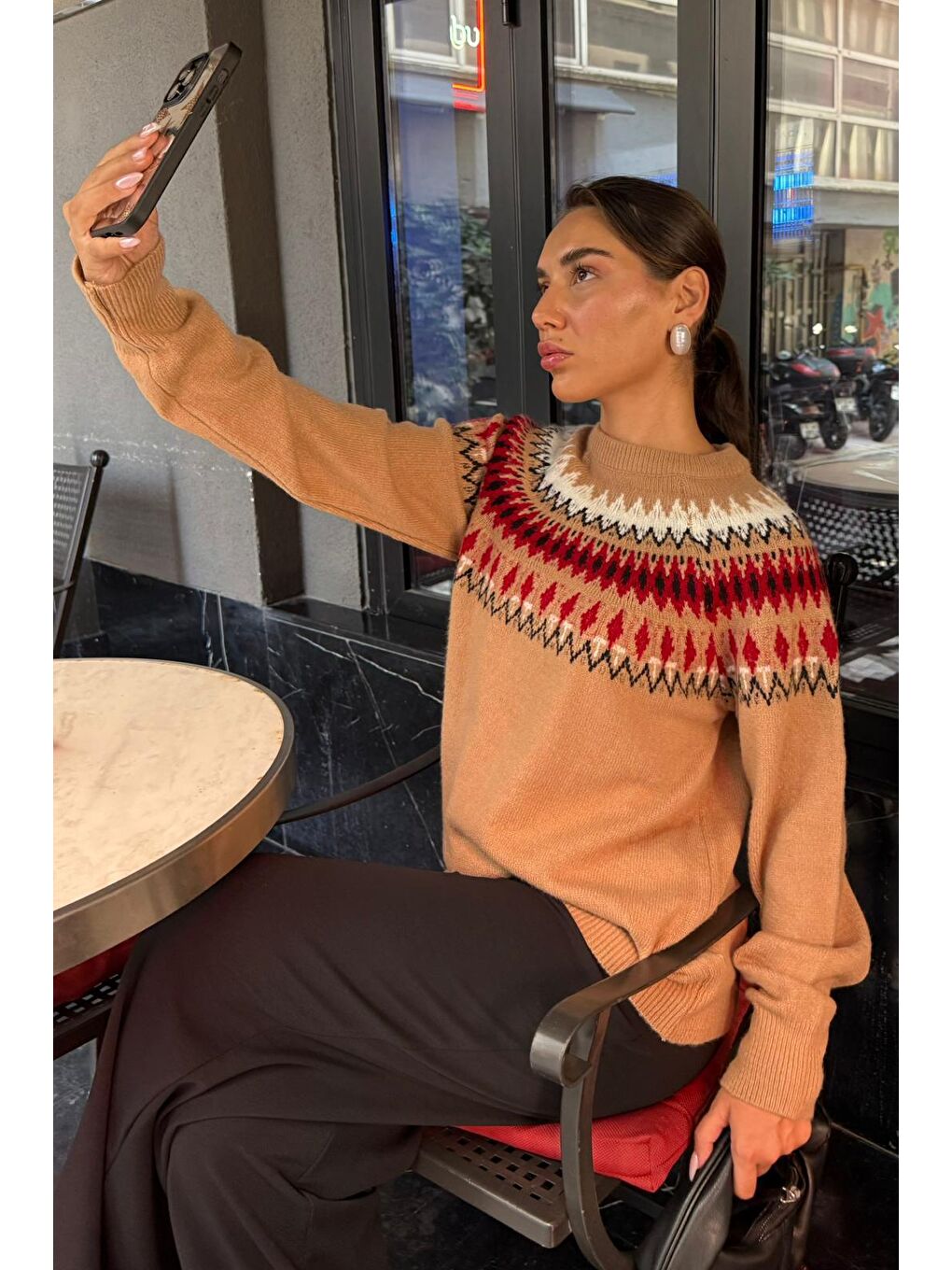 Bej Vizon Bisiklet Yaka Desenli Kadın Triko Kazak Mg2502-7