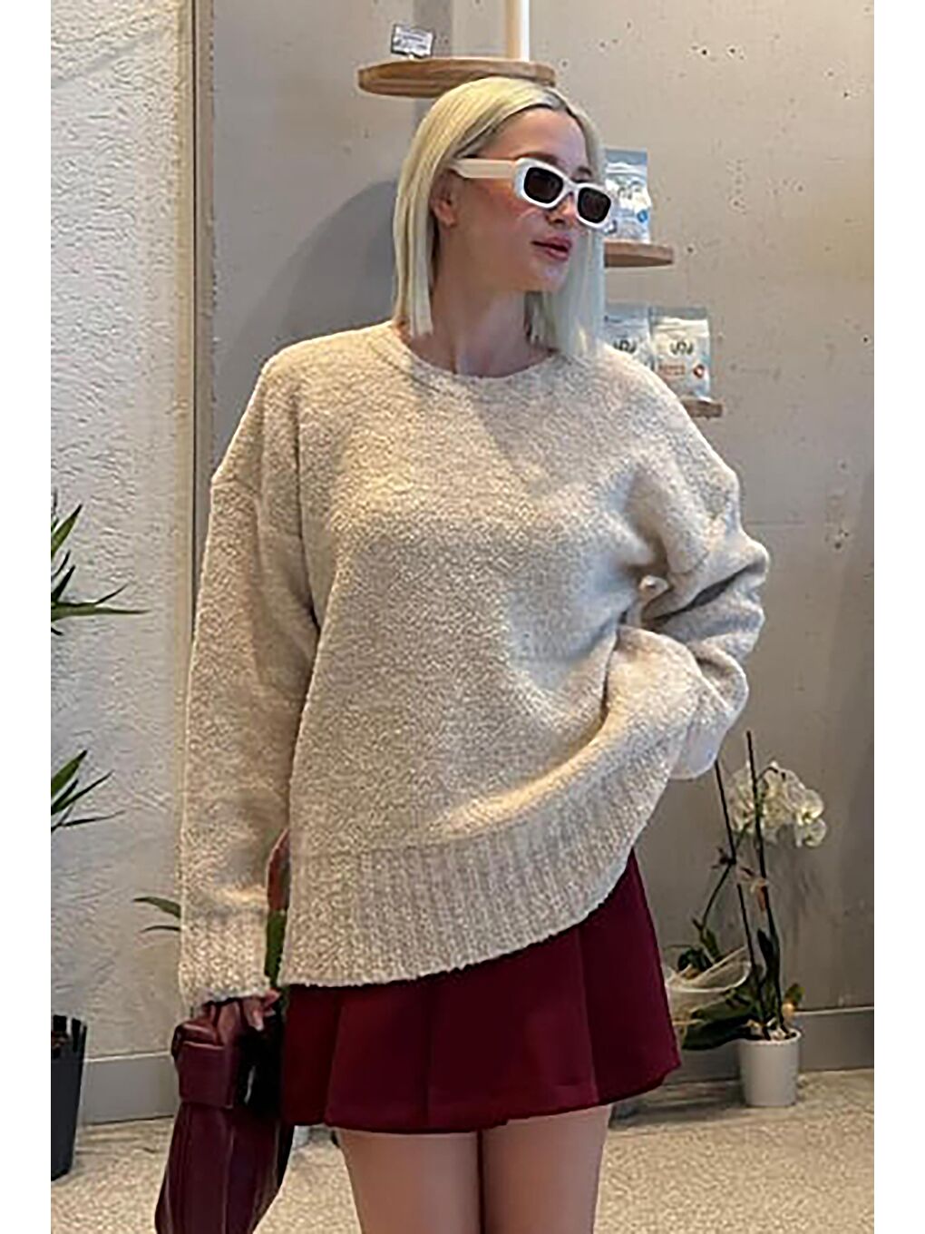 Bej Bisiklet Yaka Kadın Buklet Kazak Mg2480