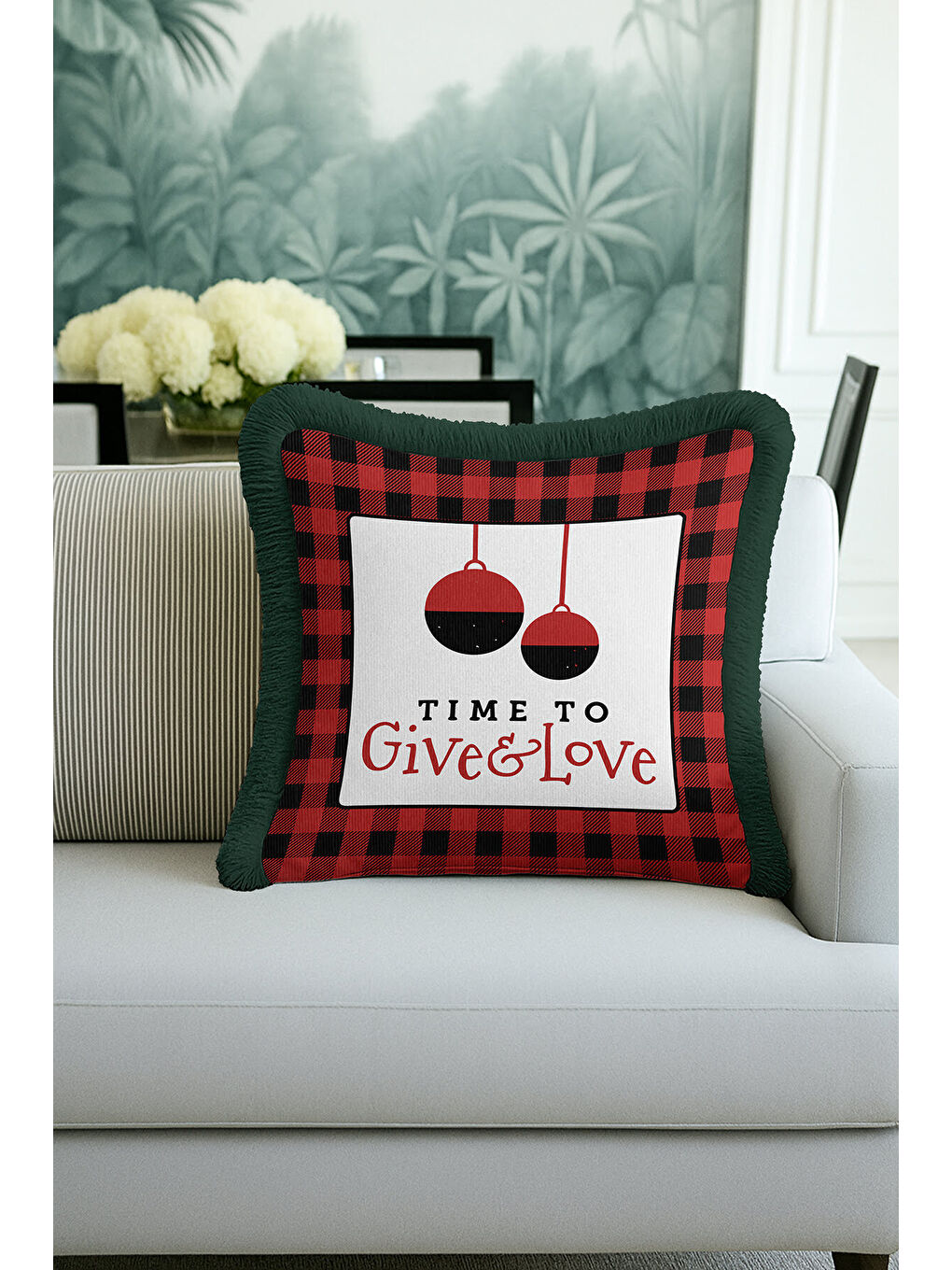 Karışık Lüks Kırmızı Ekose Saçaklı Yastık Kılıfı - Rustik Yeni Yıl Temalı Yeşil Püsküllü Kırlent Kılıfı-1