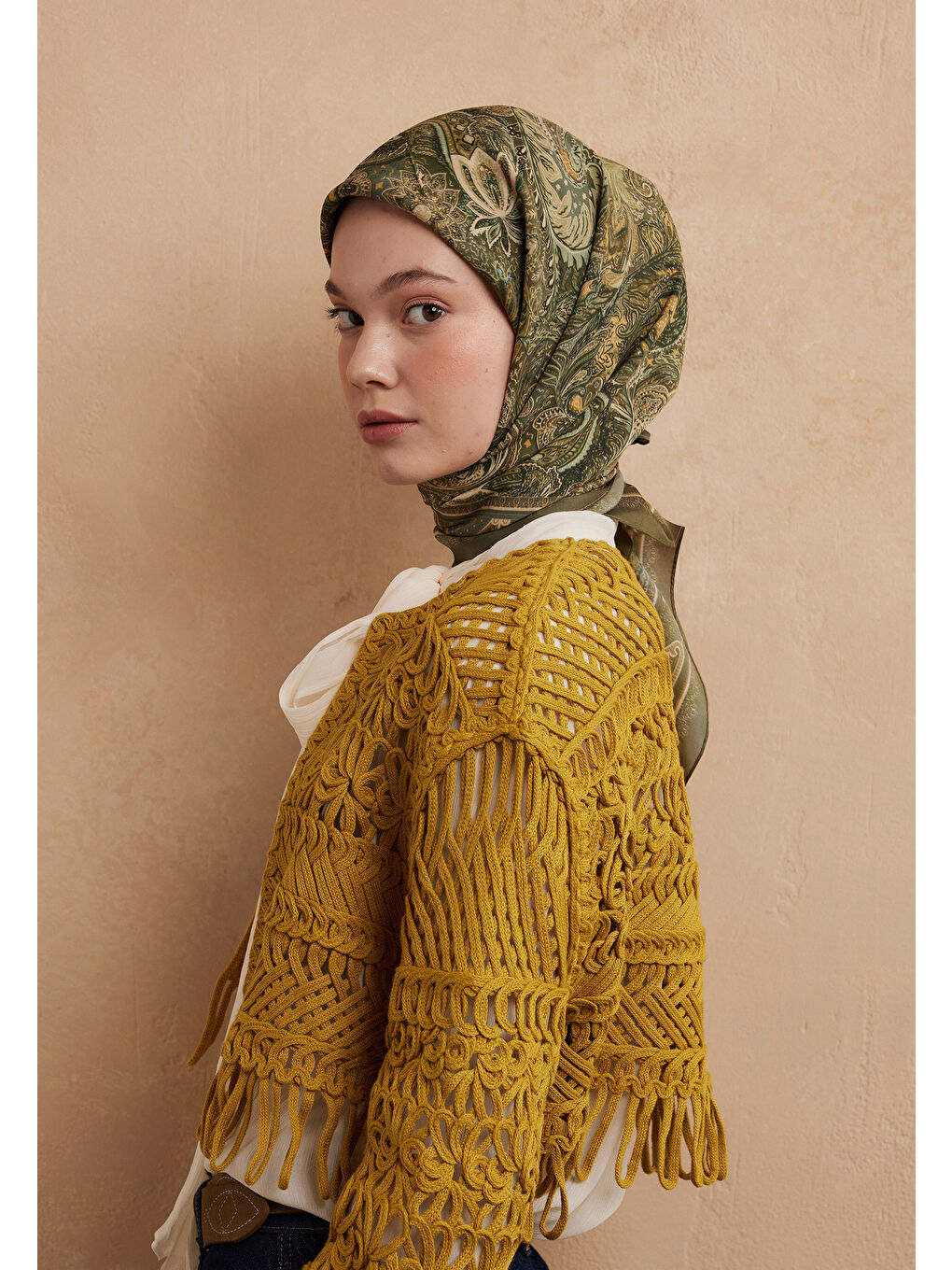 Amora Desen Pamuk İpek Eşarp Haki-1