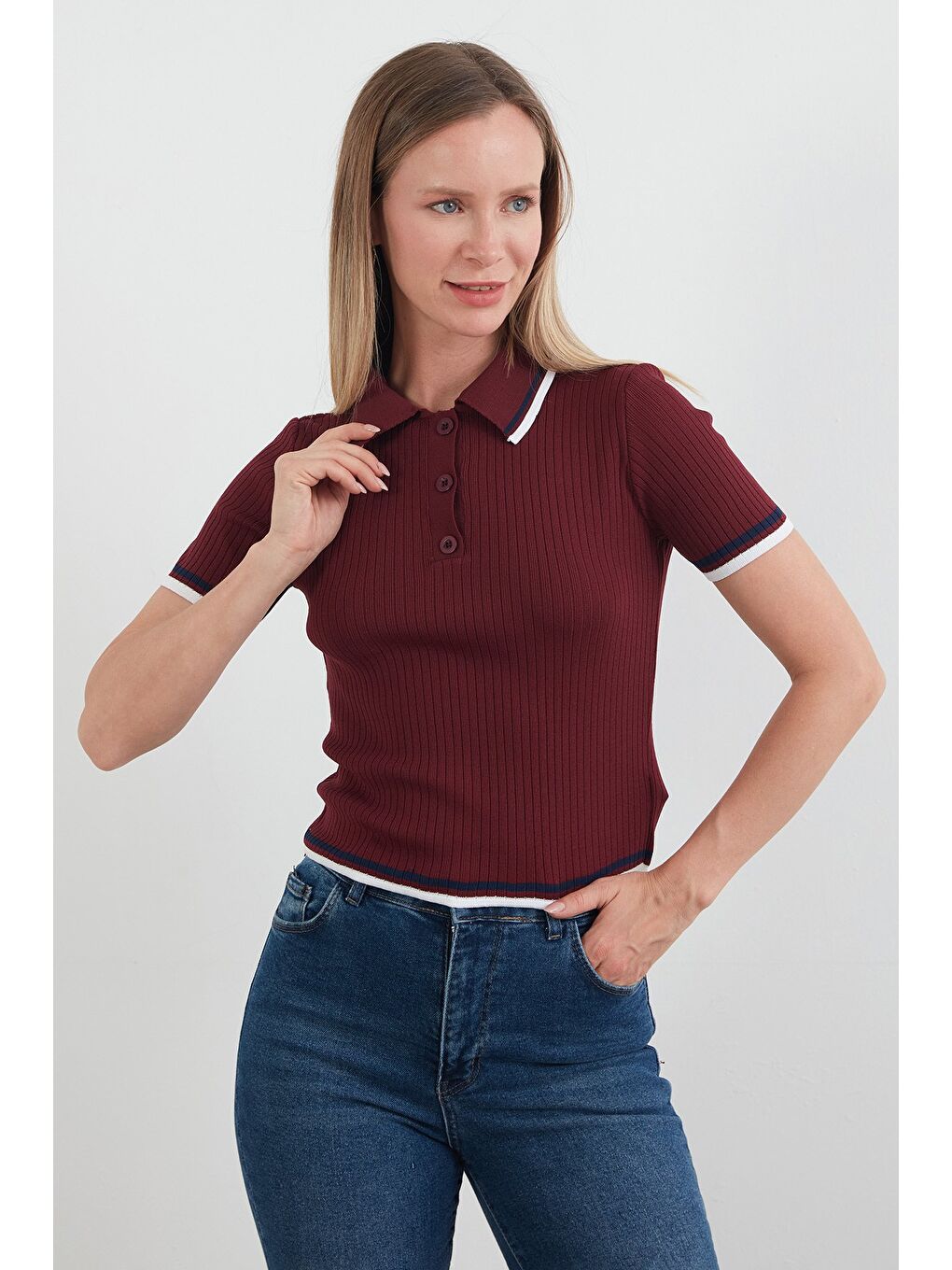 Bordo Çizgili Fitilli Polo Yaka Triko Bluz