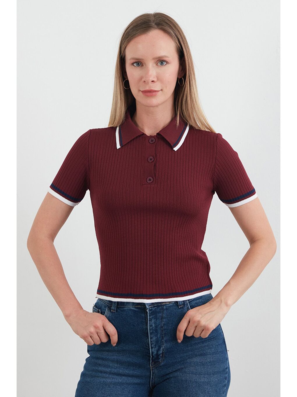 Bordo Çizgili Fitilli Polo Yaka Triko Bluz-1