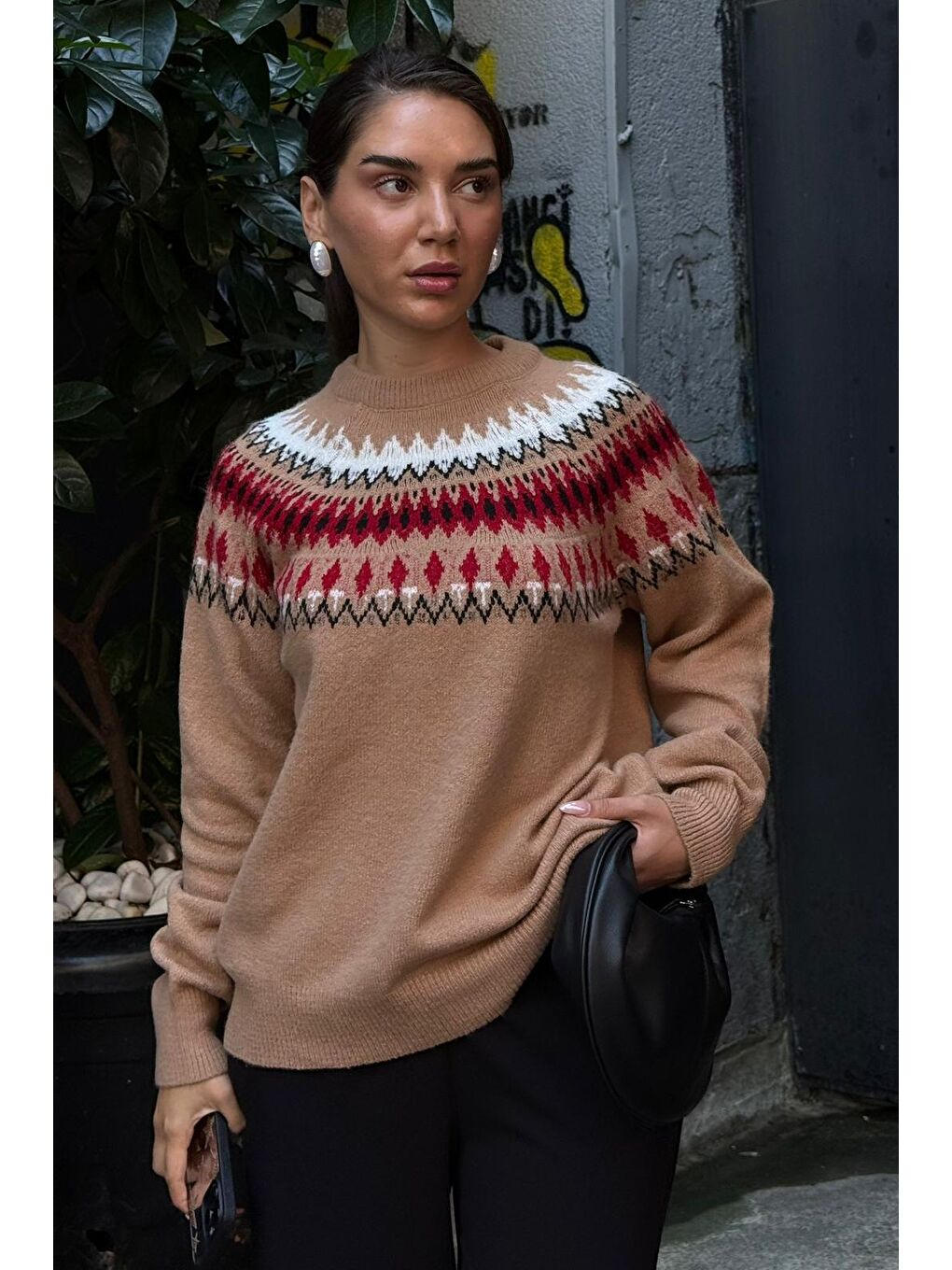 Bej Vizon Bisiklet Yaka Desenli Kadın Triko Kazak Mg2502-8