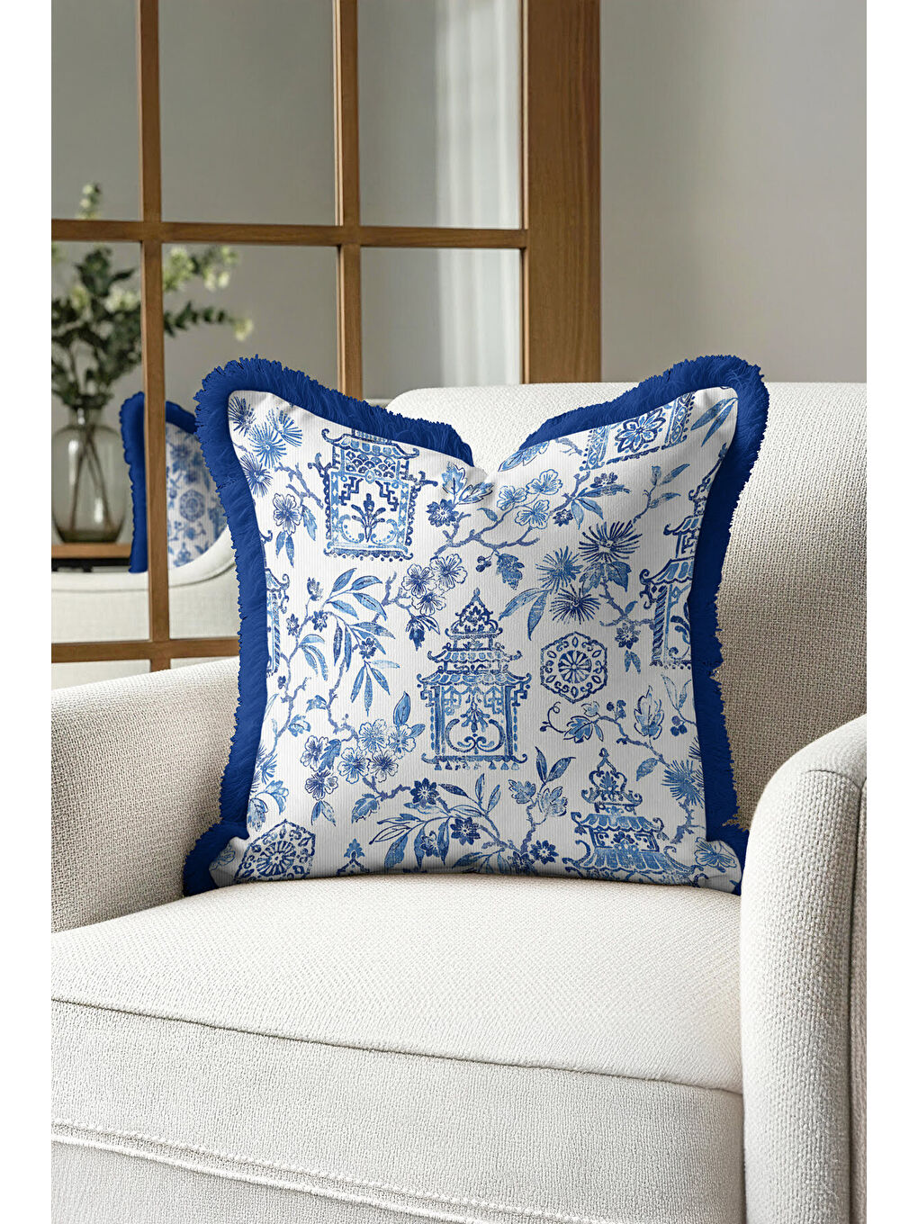 Karışık Zarif Motifli Saçaklı Yastık Kılıfı - Chinoiserie Bahar Mavisi Vintage Püsküllü Kırlent Kılıfı-3