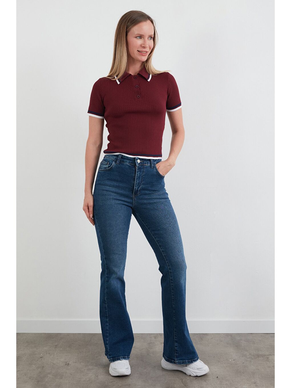 Bordo Çizgili Fitilli Polo Yaka Triko Bluz-2