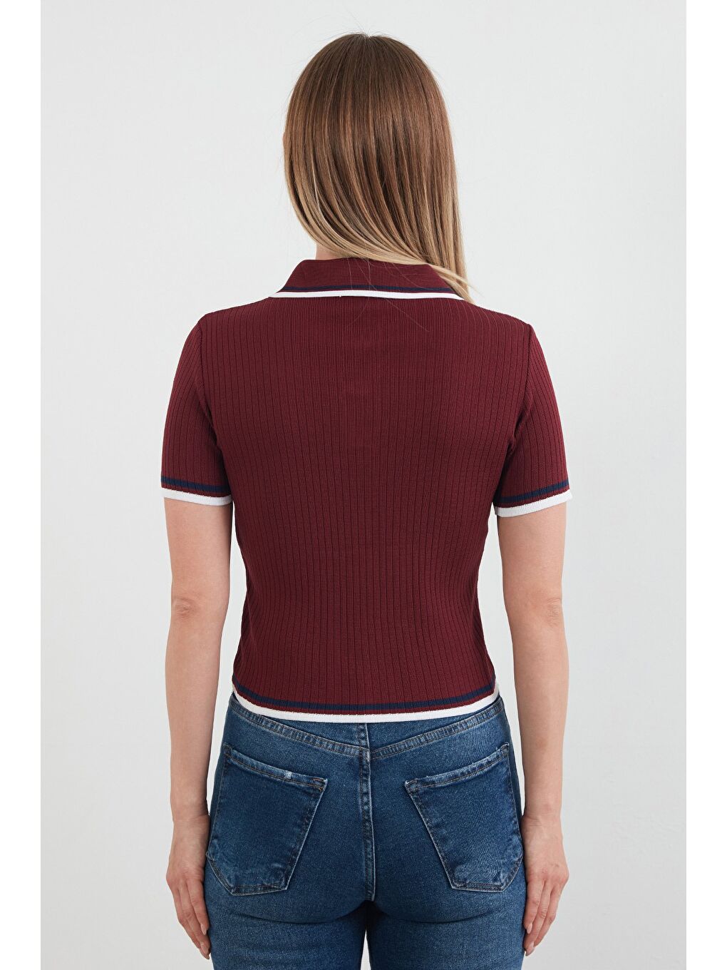Bordo Çizgili Fitilli Polo Yaka Triko Bluz-3