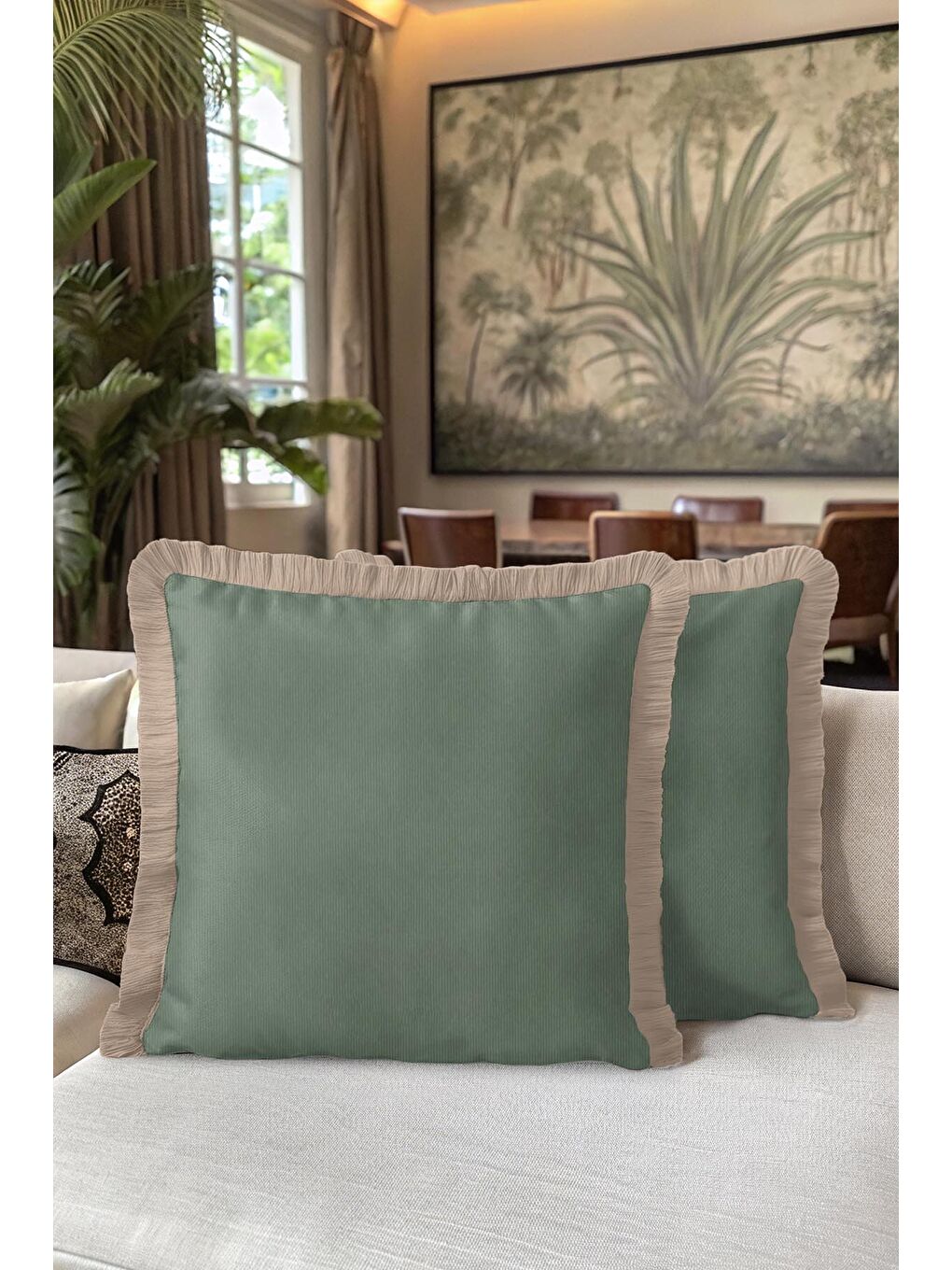 Karışık Zengin Kadife Lüks Saçaklı Yastık Kılıfı - Bohem Doğal Yeşil Bej Püsküllü Kırlent Kılıfı-5