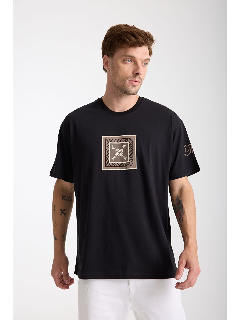 Erkek Siyah Cool Ön Ve Arka Baskılı Oversize Bisiklet Yaka Tişört-2