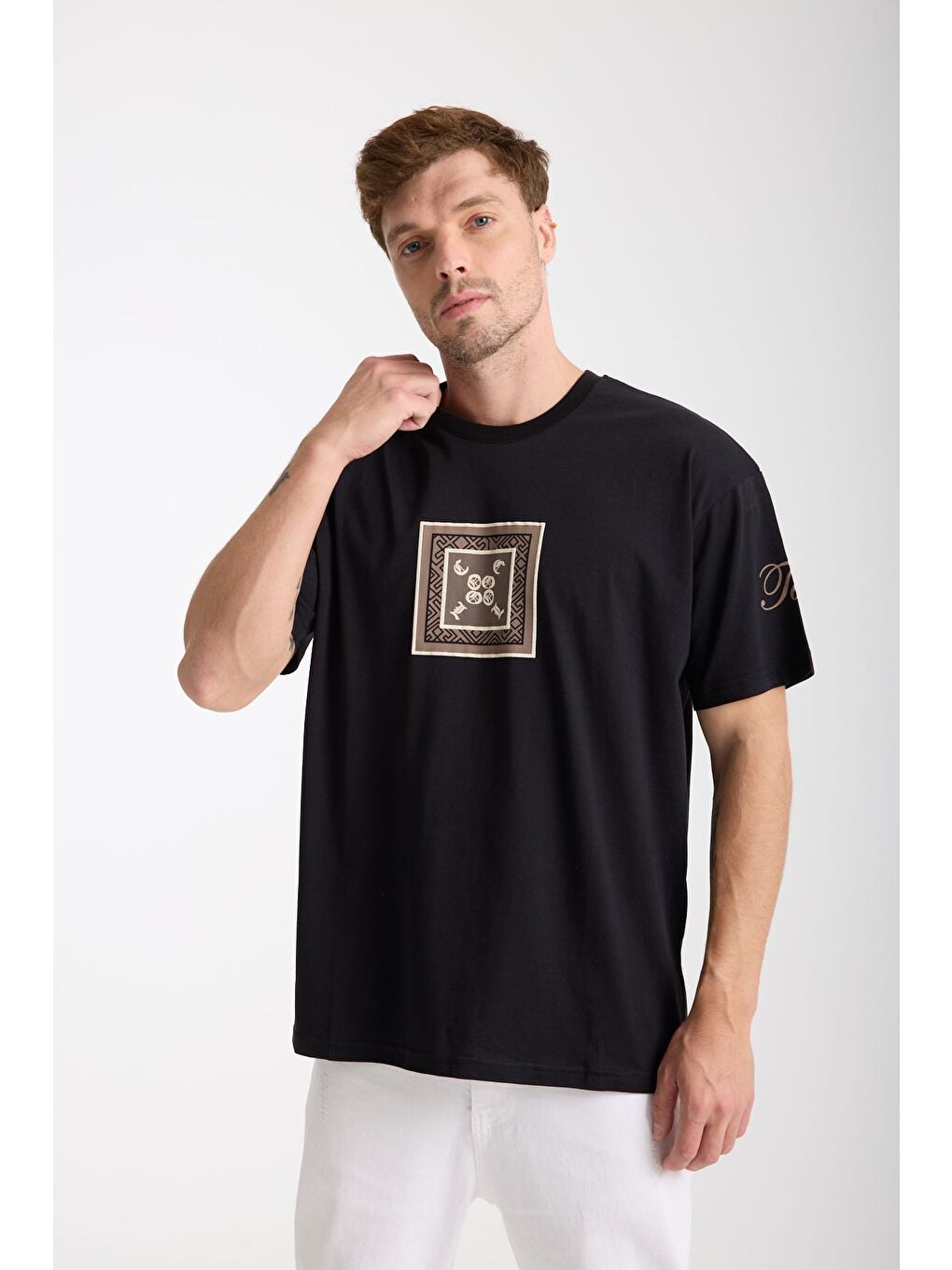 Erkek Siyah Cool Ön Ve Arka Baskılı Oversize Bisiklet Yaka Tişört-3