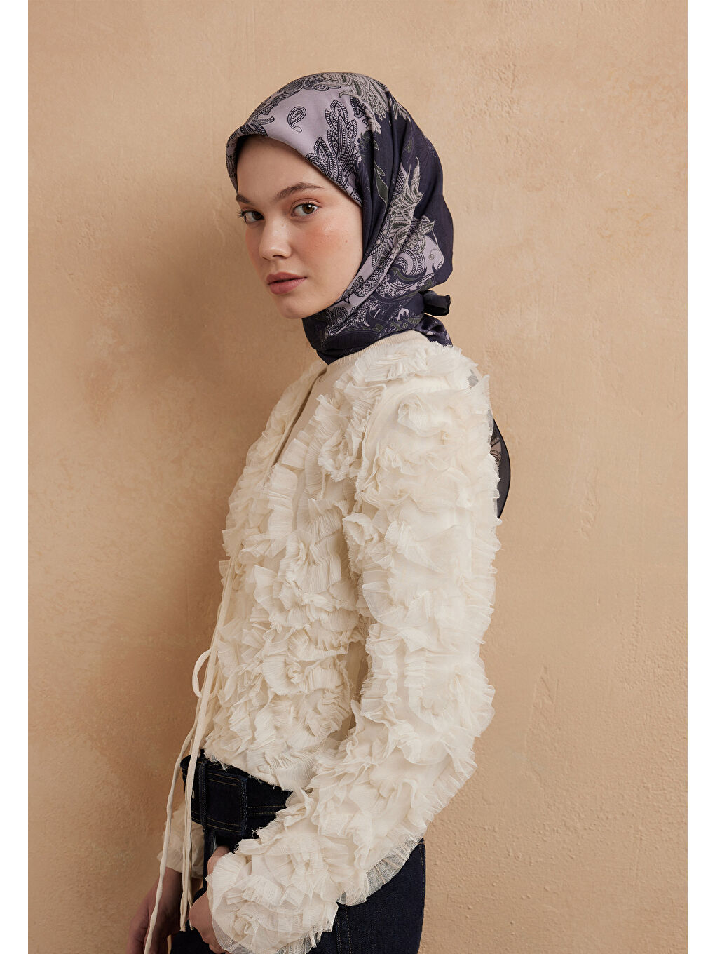 Lila Darıa Desen Pamuk İpek Eşarp Koyu Lavanta-3