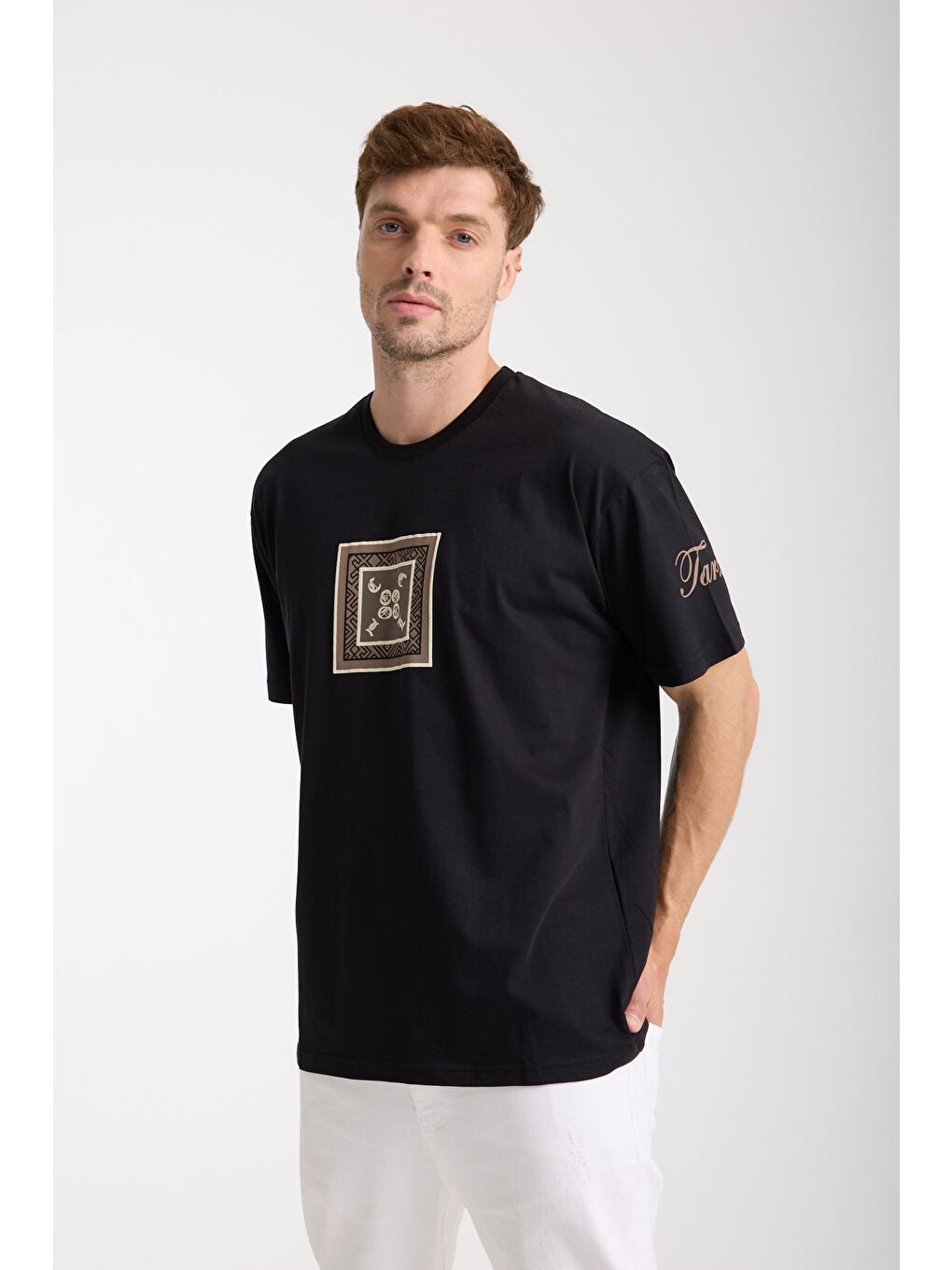 Erkek Siyah Cool Ön Ve Arka Baskılı Oversize Bisiklet Yaka Tişört-4