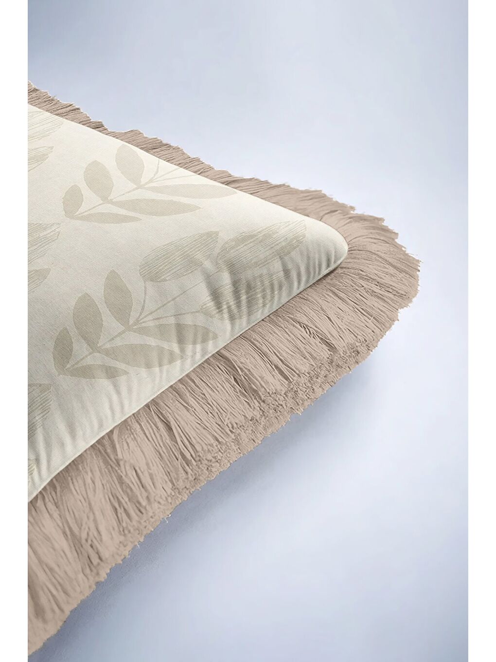 Karışık Zarif Yaprak Motifli Saçaklı Yastık Kılıfı - Naturel İskandinav Bej Püsküllü Kırlent Kılıfı-6