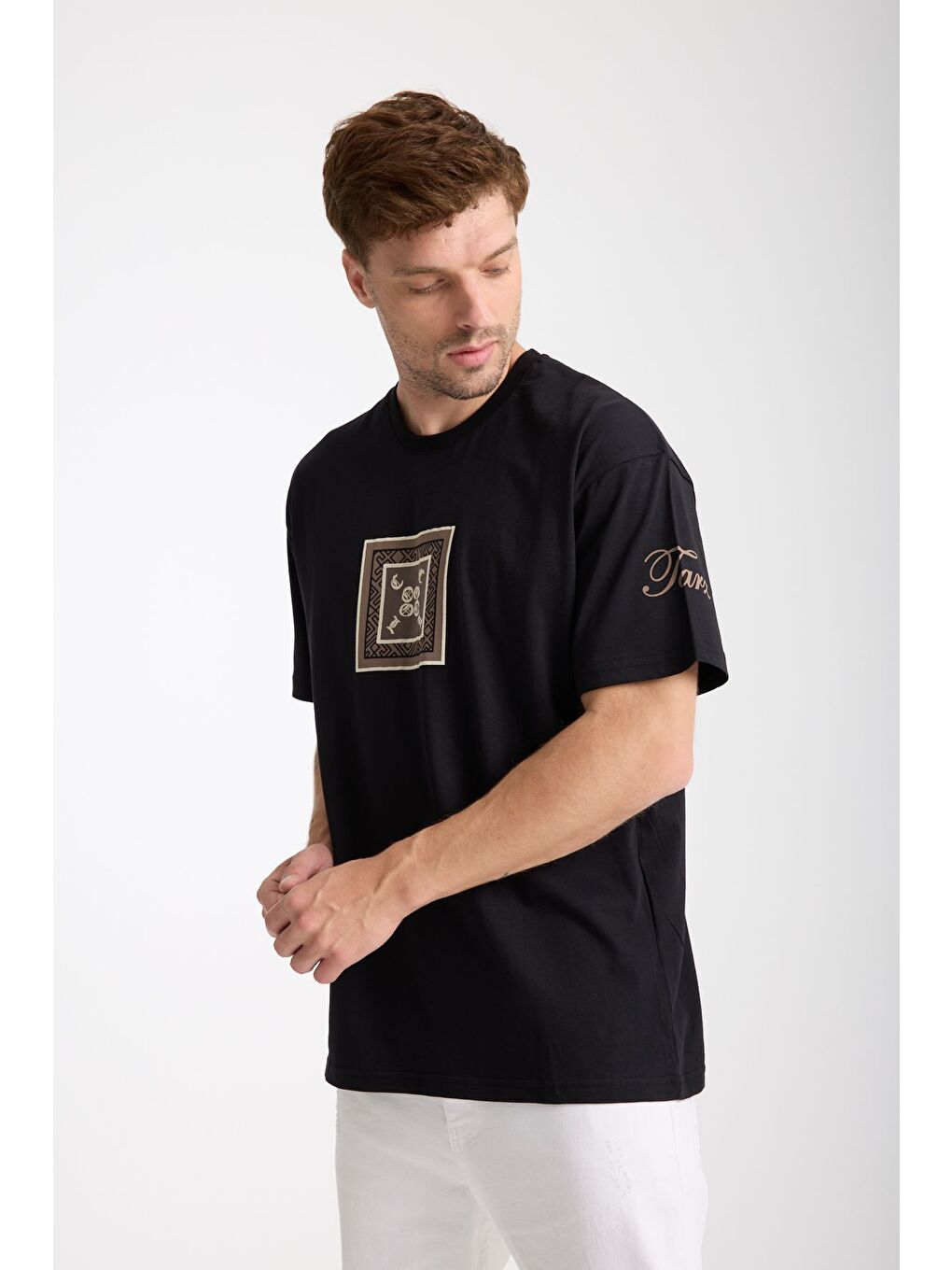 Erkek Siyah Cool Ön Ve Arka Baskılı Oversize Bisiklet Yaka Tişört-5