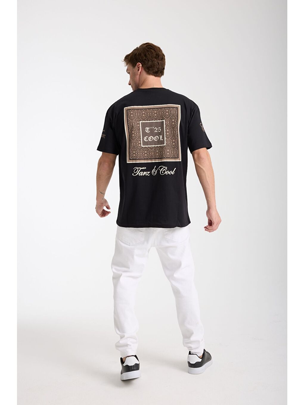 Erkek Siyah Cool Ön Ve Arka Baskılı Oversize Bisiklet Yaka Tişört-6