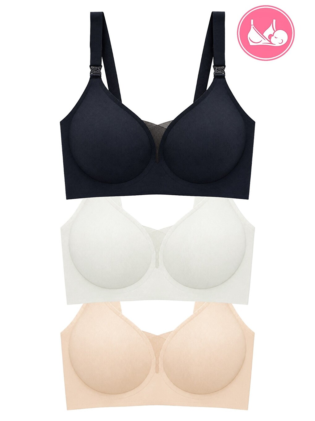 Karışık Seamless Bra - Nuvia | Lazer Kesim Klipsli Önden Açılabilir Dikişsiz Emzirme Sütyeni 3'lü Paket