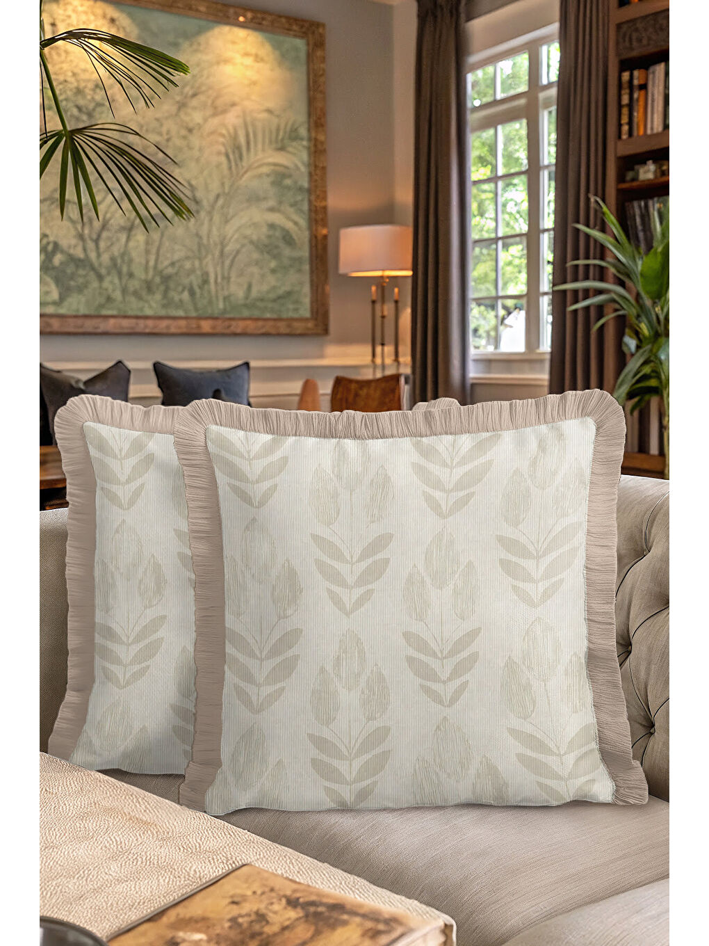 Karışık Zarif Yaprak Motifli Saçaklı Yastık Kılıfı - Naturel İskandinav Bej Püsküllü Kırlent Kılıfı-7