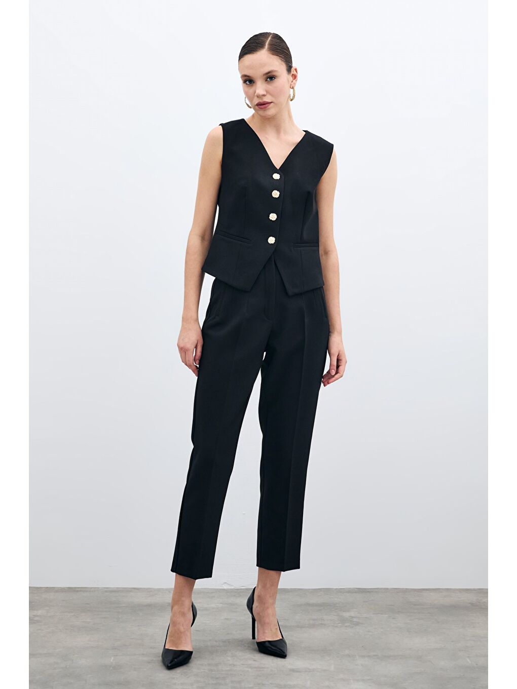 Yüksek Bel Pensli Pantolon - Siyah