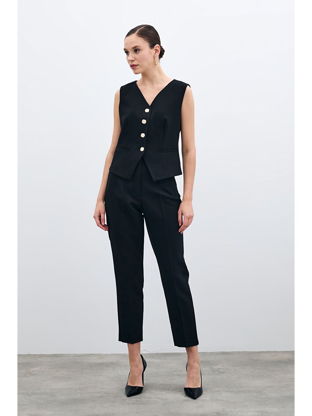 Yüksek Bel Pensli Pantolon - Siyah-1