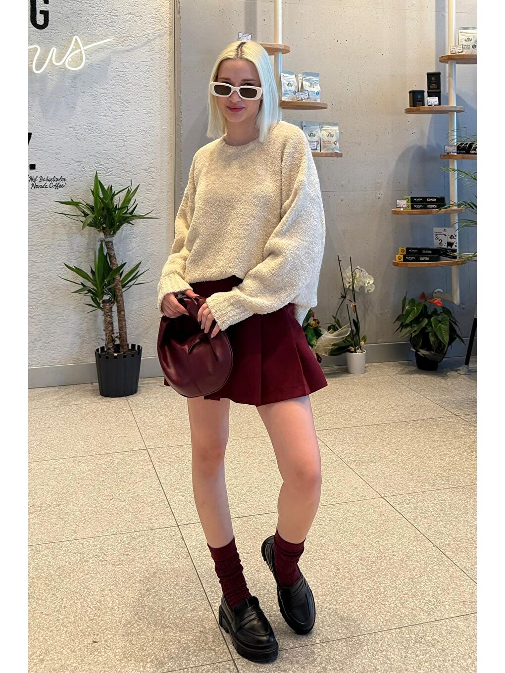 Bej Bisiklet Yaka Kadın Buklet Kazak Mg2480-1