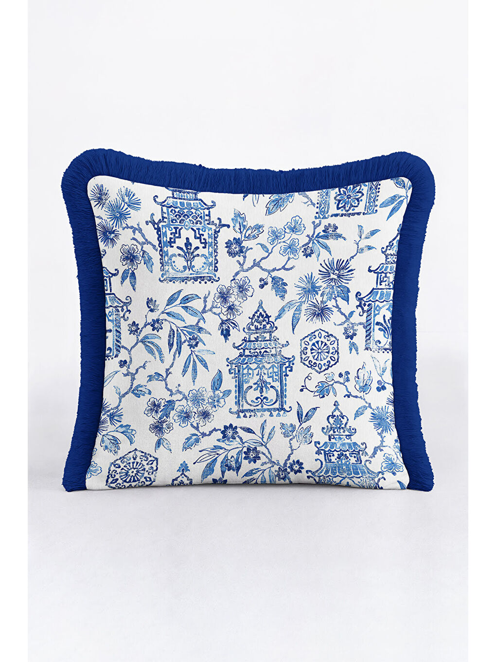Karışık Zarif Motifli Saçaklı Yastık Kılıfı - Chinoiserie Bahar Mavisi Vintage Püsküllü Kırlent Kılıfı-4