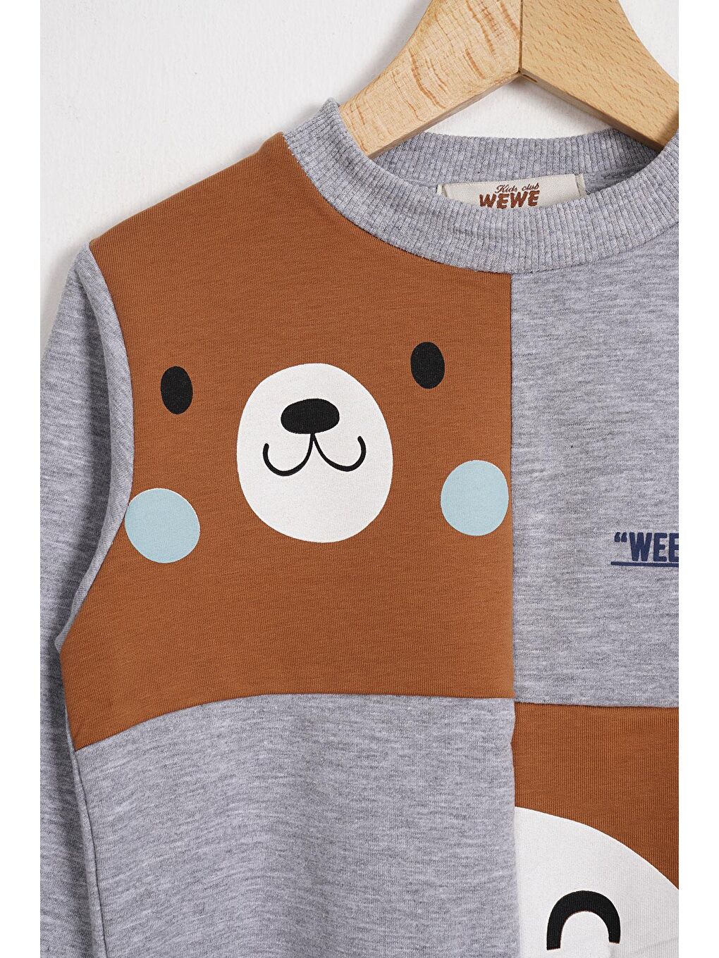 Tilki ve Ayı Figürlü Bisiklet Yaka Gri Melanj Renk Erkek Çocuk Sweatshirt-1